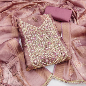 Classic Mauve Floral Digital Printed Viscose Dress Material With Sequins Embroidery & Moti Handwork
