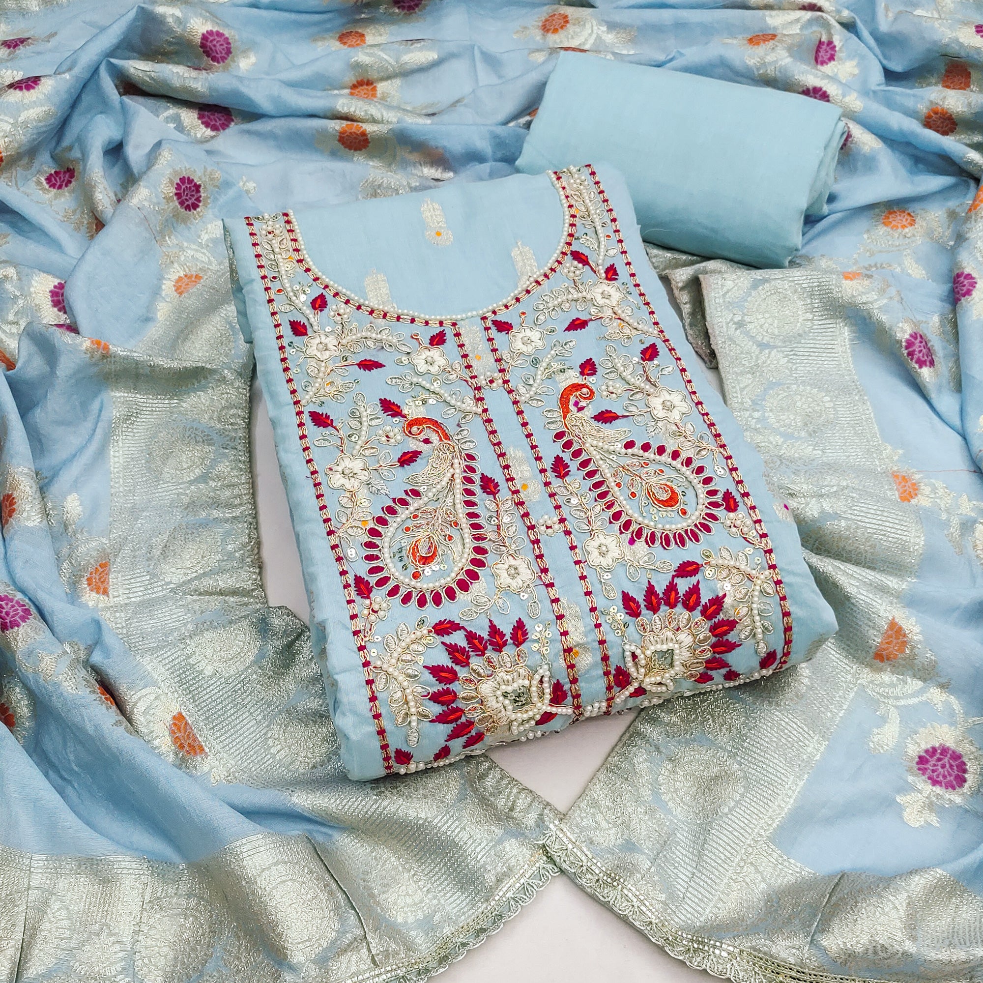 Timeless Blue Floral Weaving Muslin Dress Material With Elegant Sequins Embroidery & Moti Work