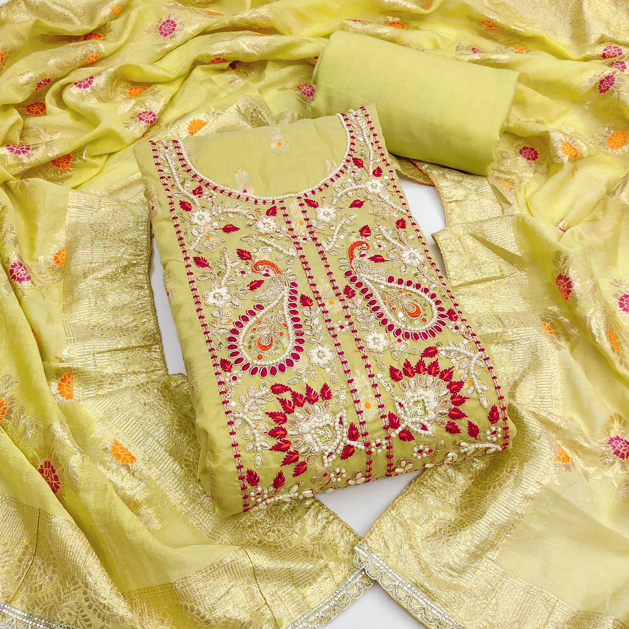 Timeless Lemon Green Floral Weaving Muslin Dress Material With Elegant Sequin Embroidery & Moti Work
