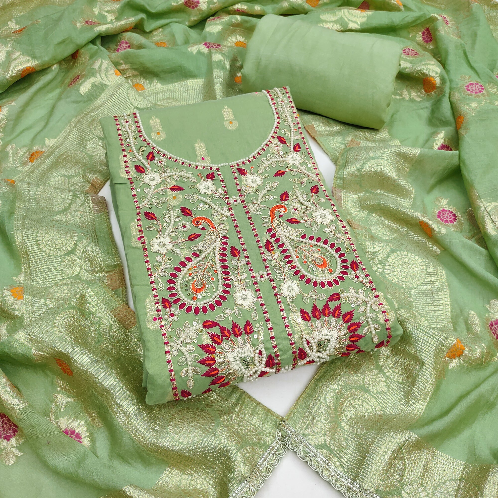 Timeless Mint Green Floral Weaving Muslin Dress Material With Elegant Sequins Embroidery & Moti Work