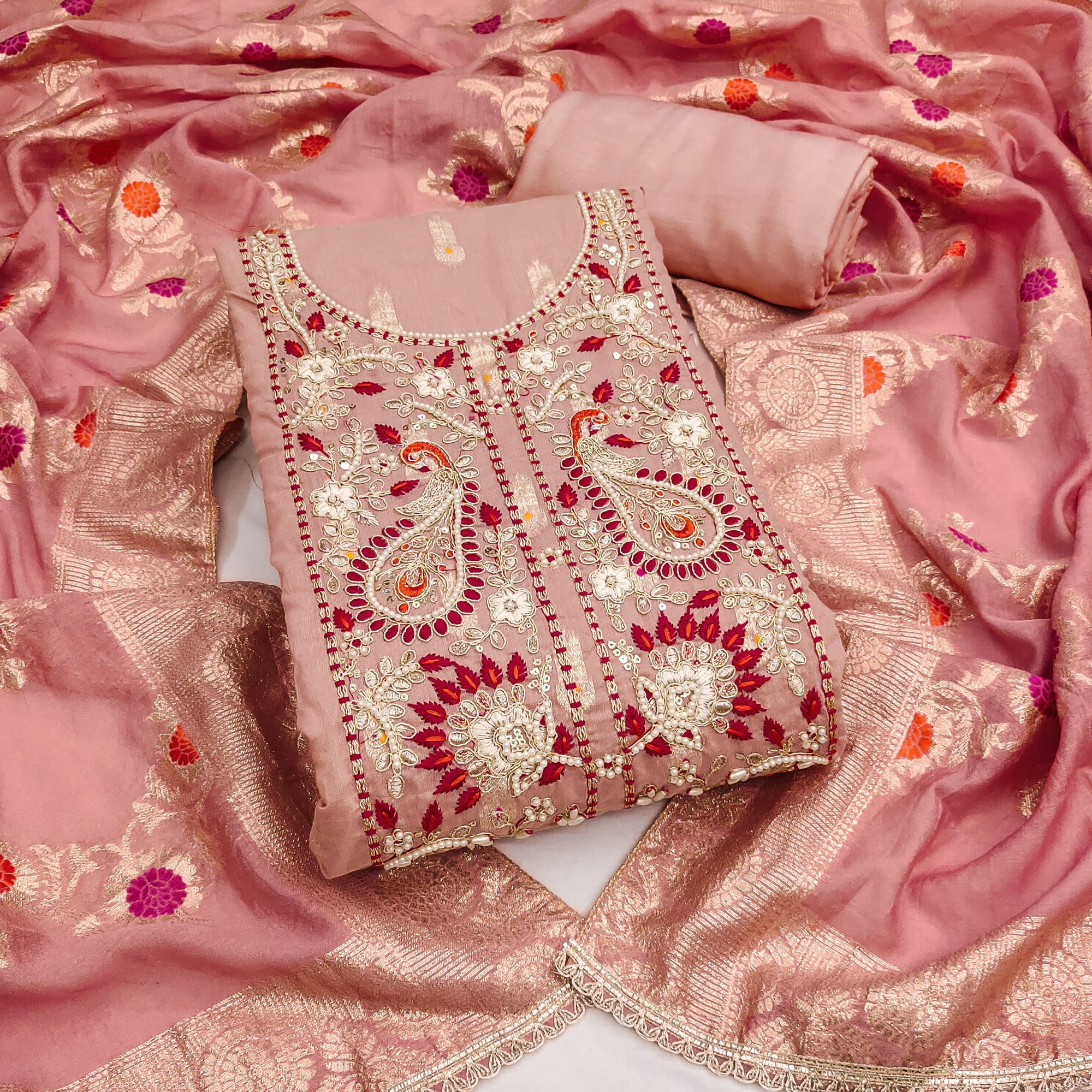 Timeless Peach Floral Weaving Muslin Dress Material With Elegant Sequins Embroidery & Moti Work