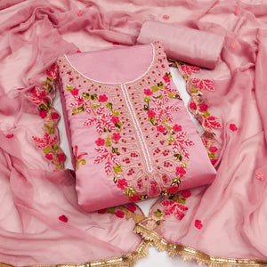 Charming Peach Floral Embroidery Cotton Silk Dress Material Enhanced With Elegant Moti Handwork