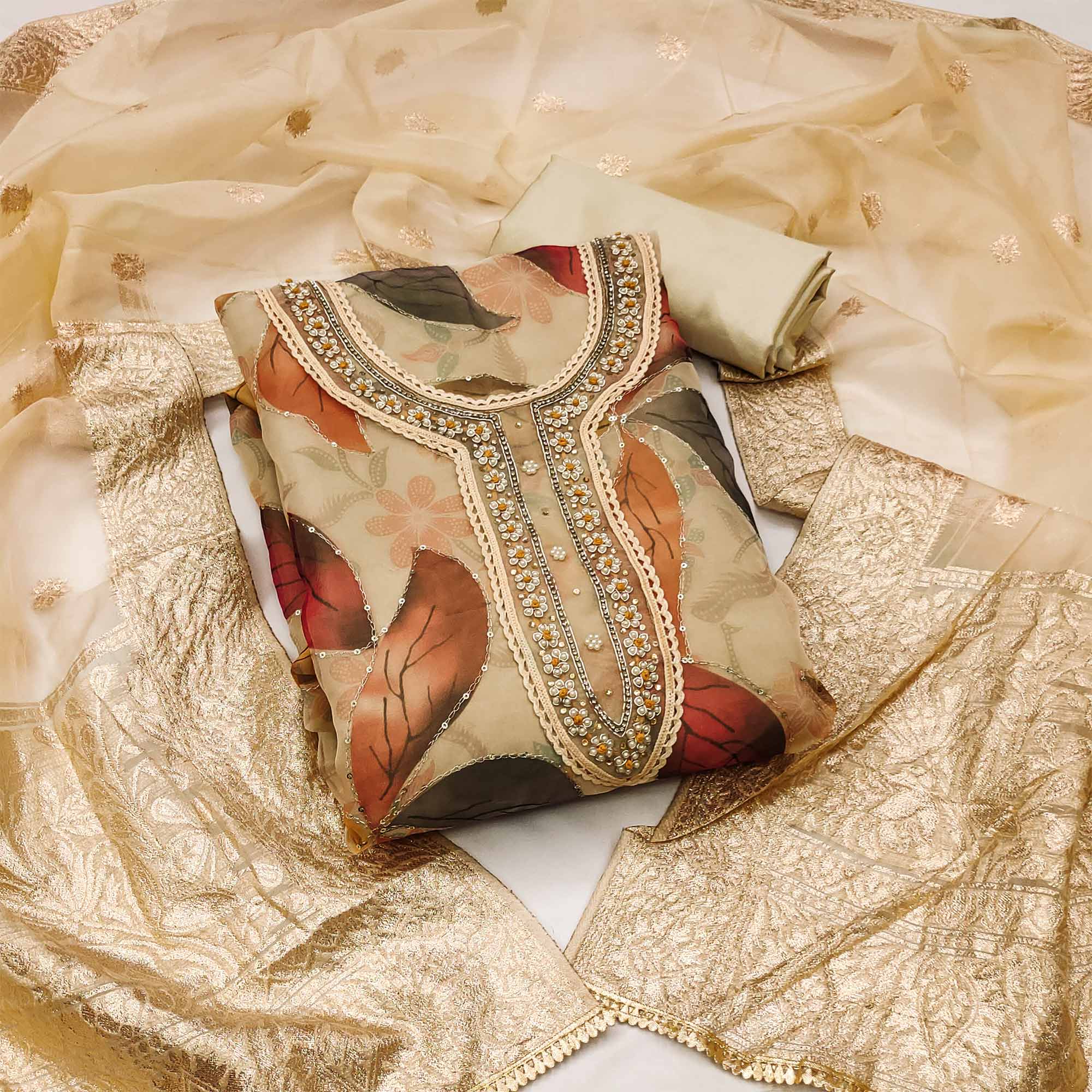 Chikoo Floral Printed With Hand Embroidered Organza Dress Material