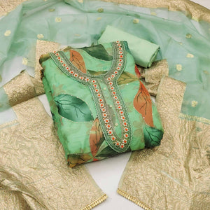 Green Floral Printed With Hand Embroidered Organza Dress Material