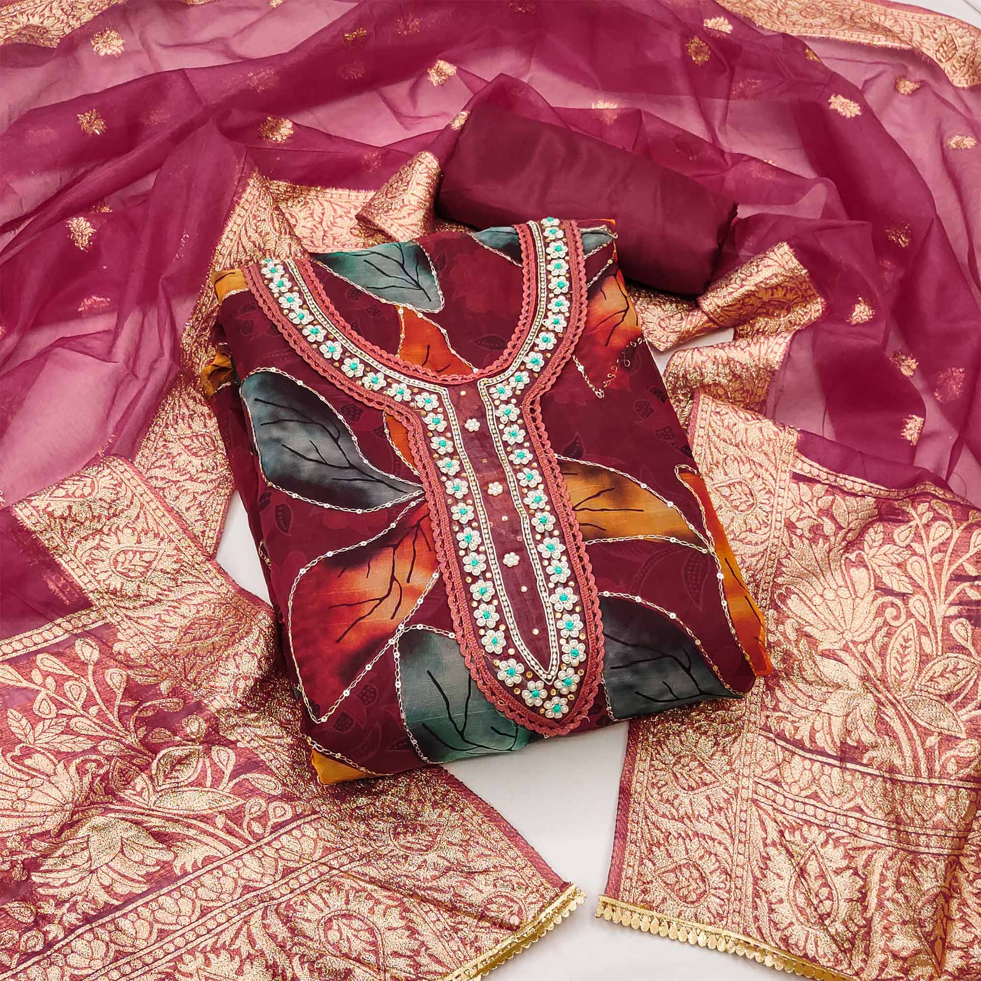 Maroon Floral Printed With Hand Embroidered Organza Dress Material