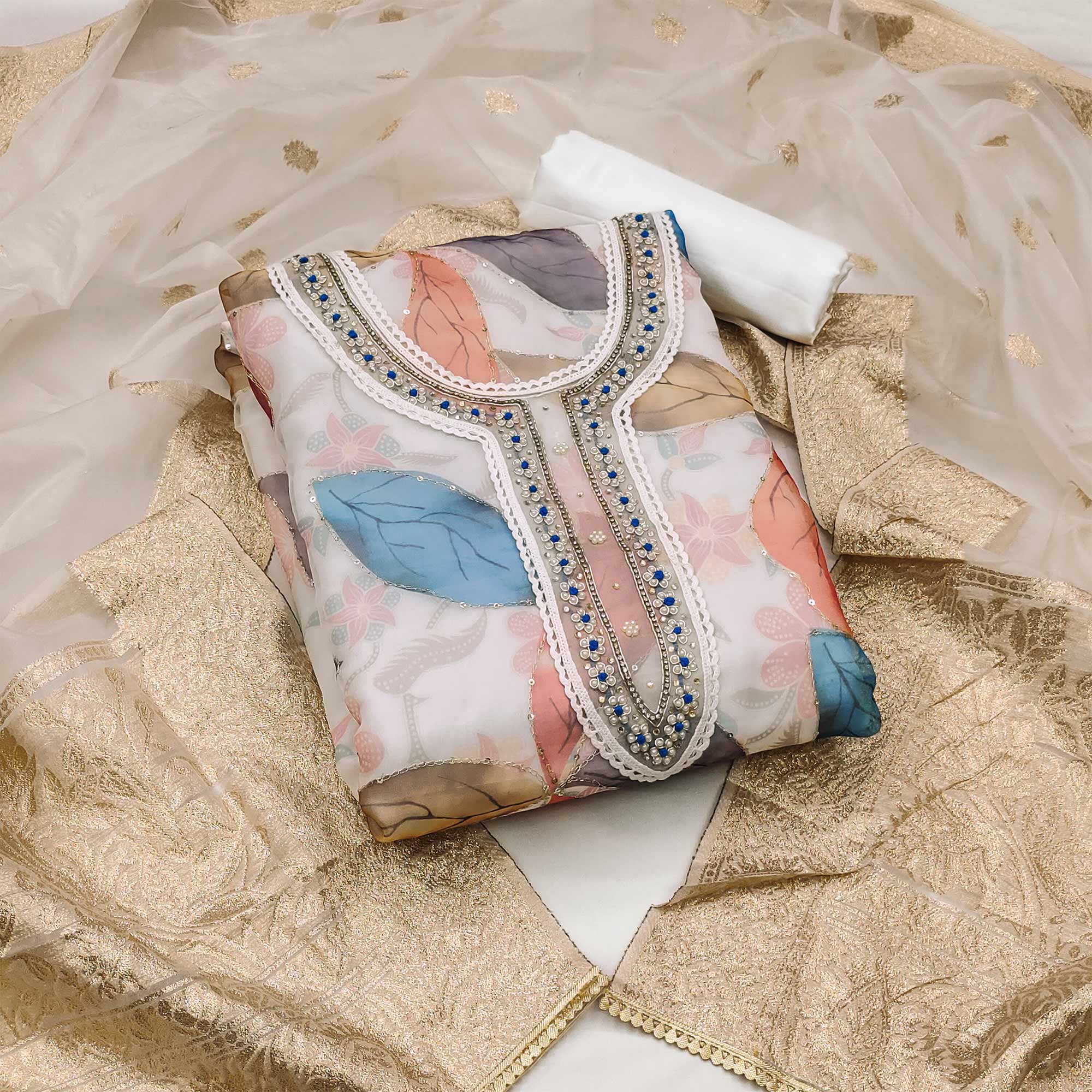 White Floral Printed With Hand Embroidered Organza Dress Material