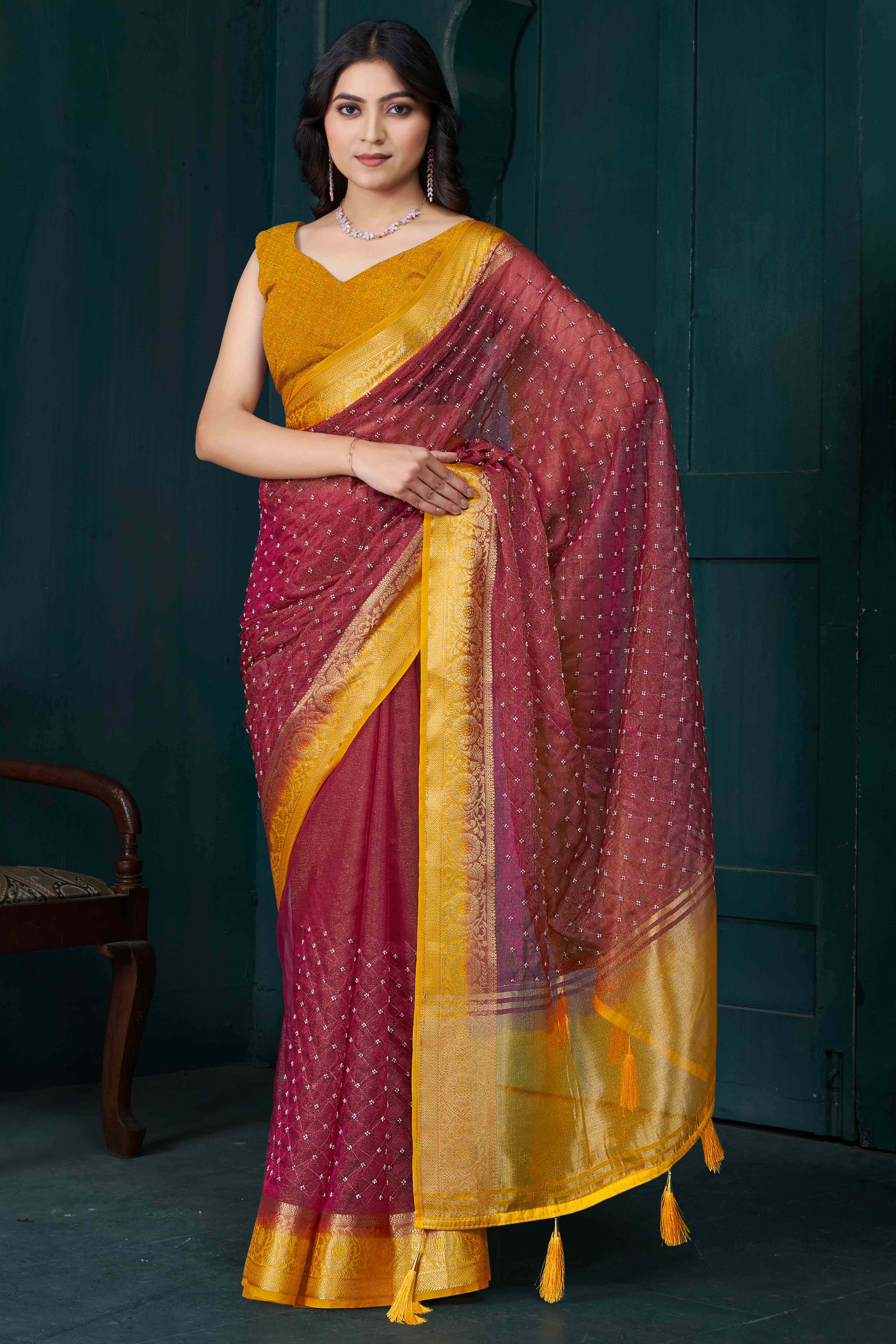 Maroon Jacquard Saree With Intricate Beads Handwork & Floral Weaving Border