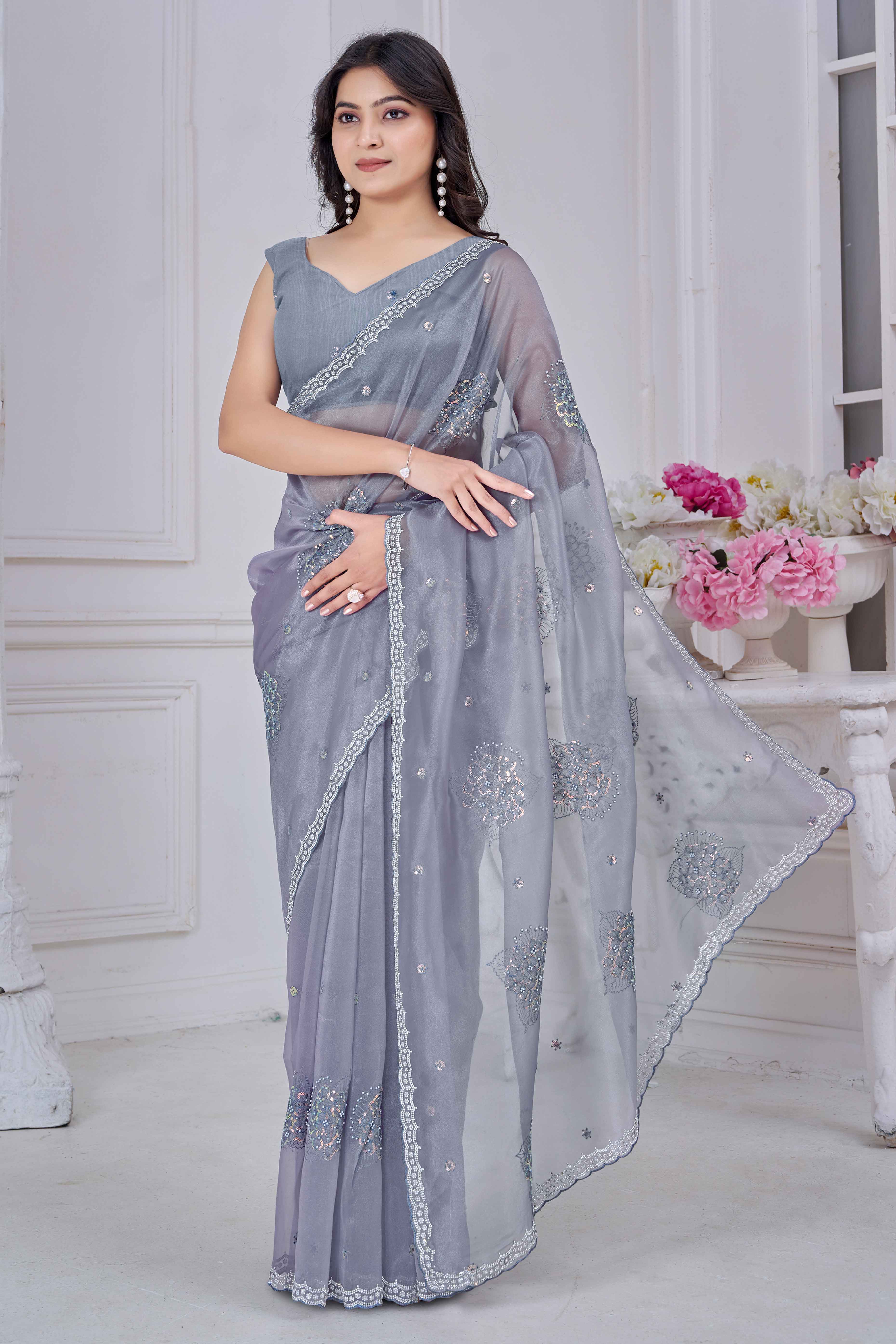 Greyish Blue Sequins & Moti Work Organza Saree With Elegant Zarkan Border Detailing