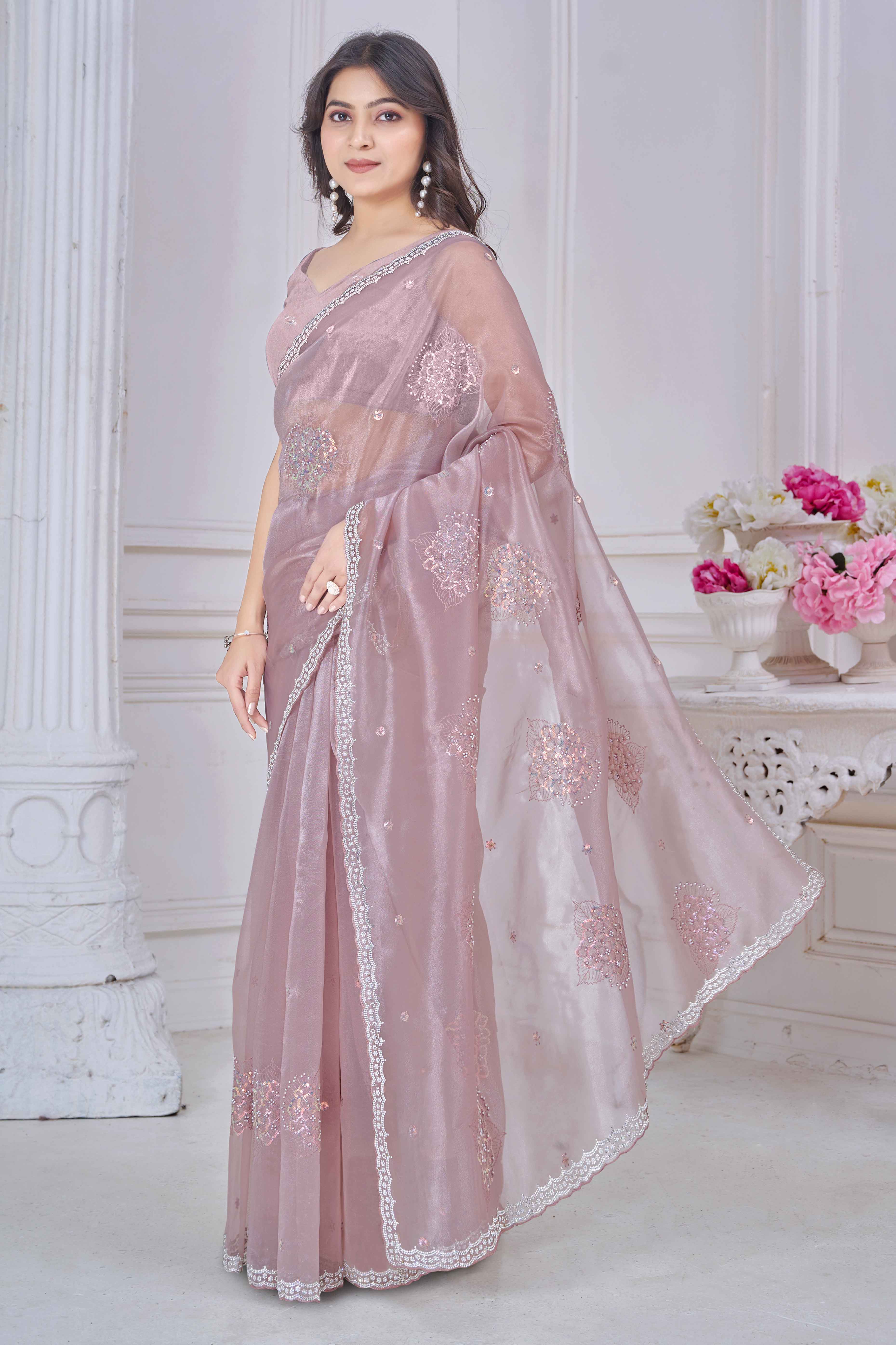 Onion Pink Sequins & Moti Work Organza Saree With Elegant Zarkan Border Detailing