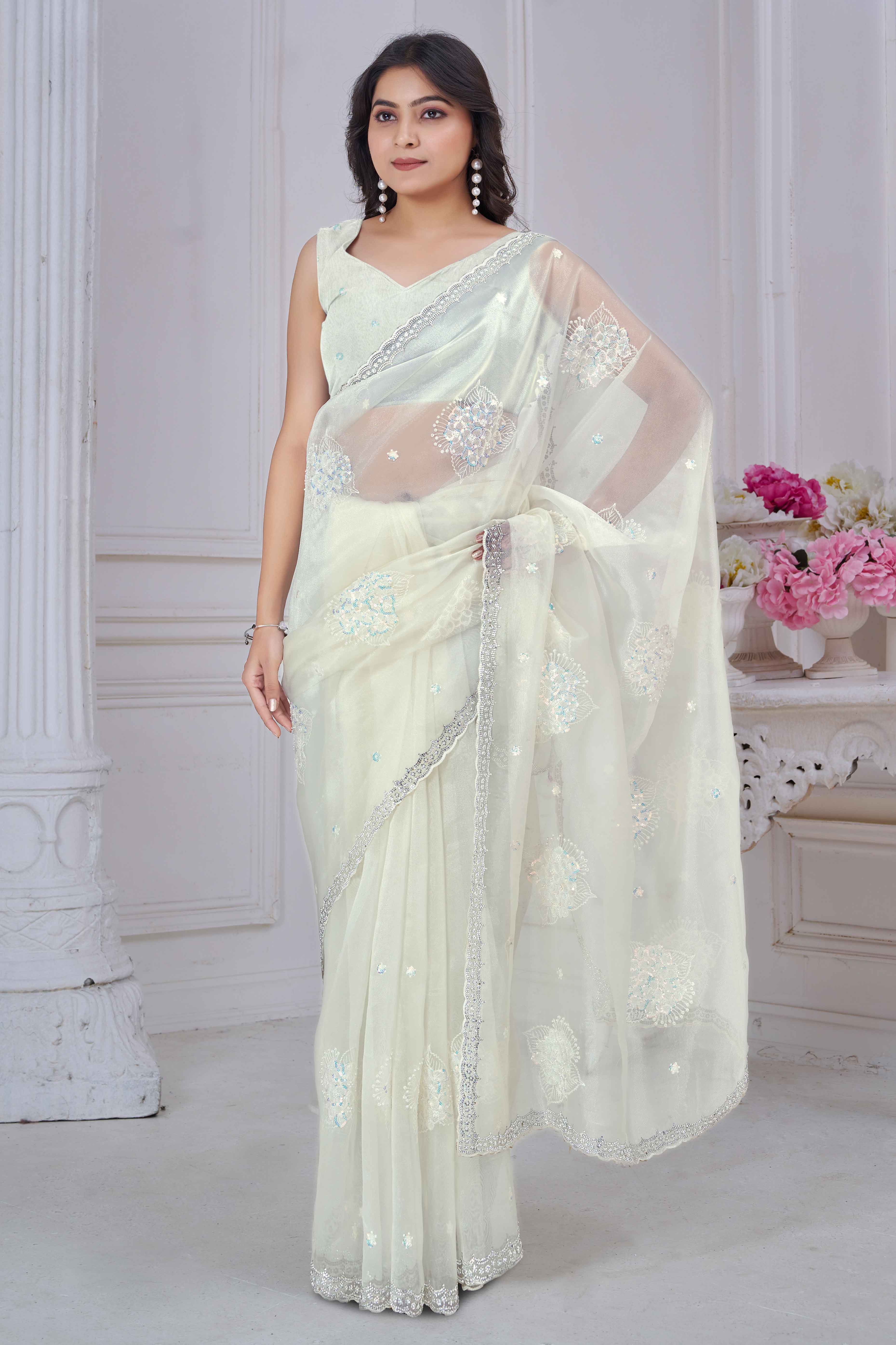 Offwhite Sequins & Moti Work Organza Saree With Elegant Zarkan Border Detailing