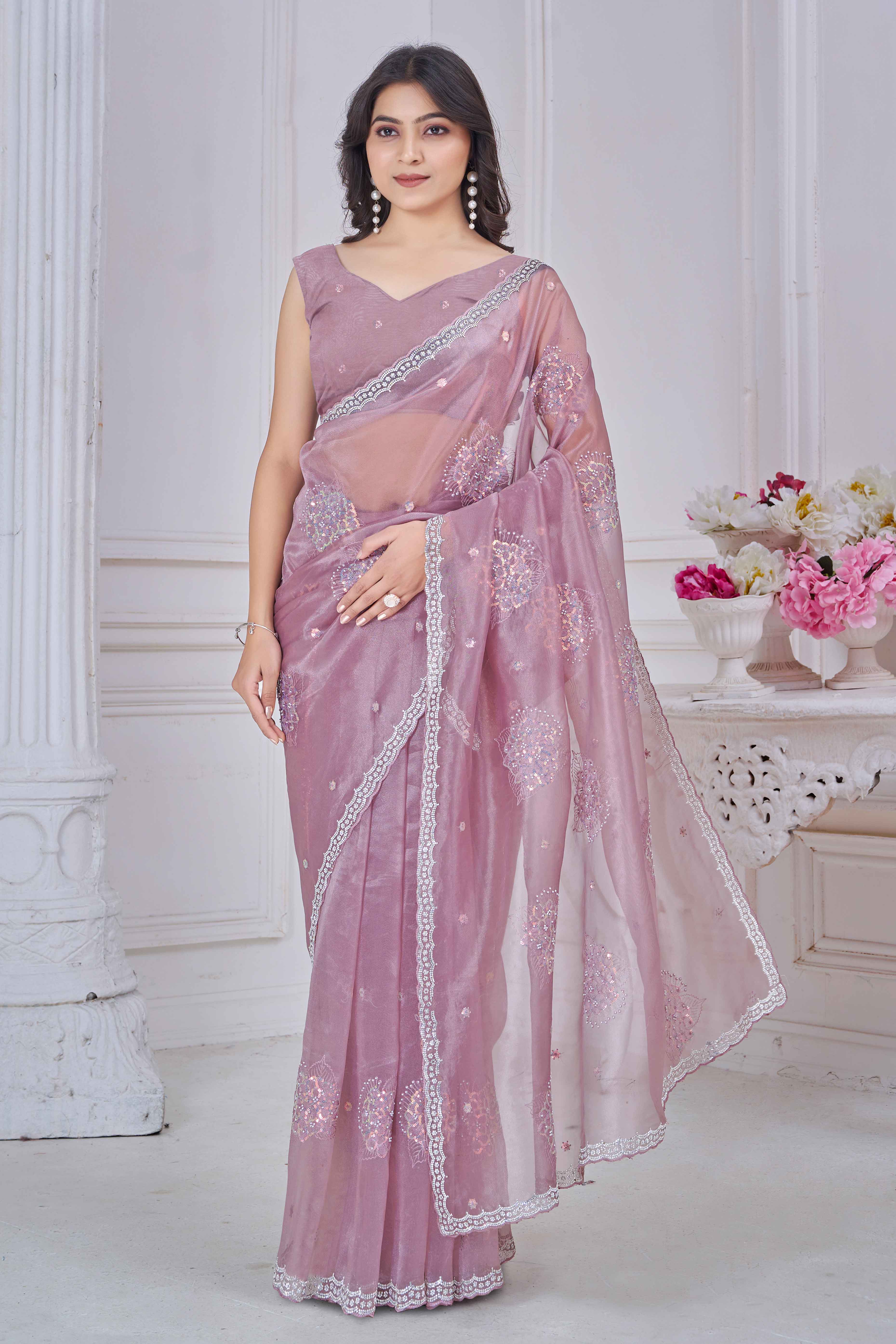 Mauve Sequins & Moti Work Organza Saree With Elegant Zarkan Border Detailing