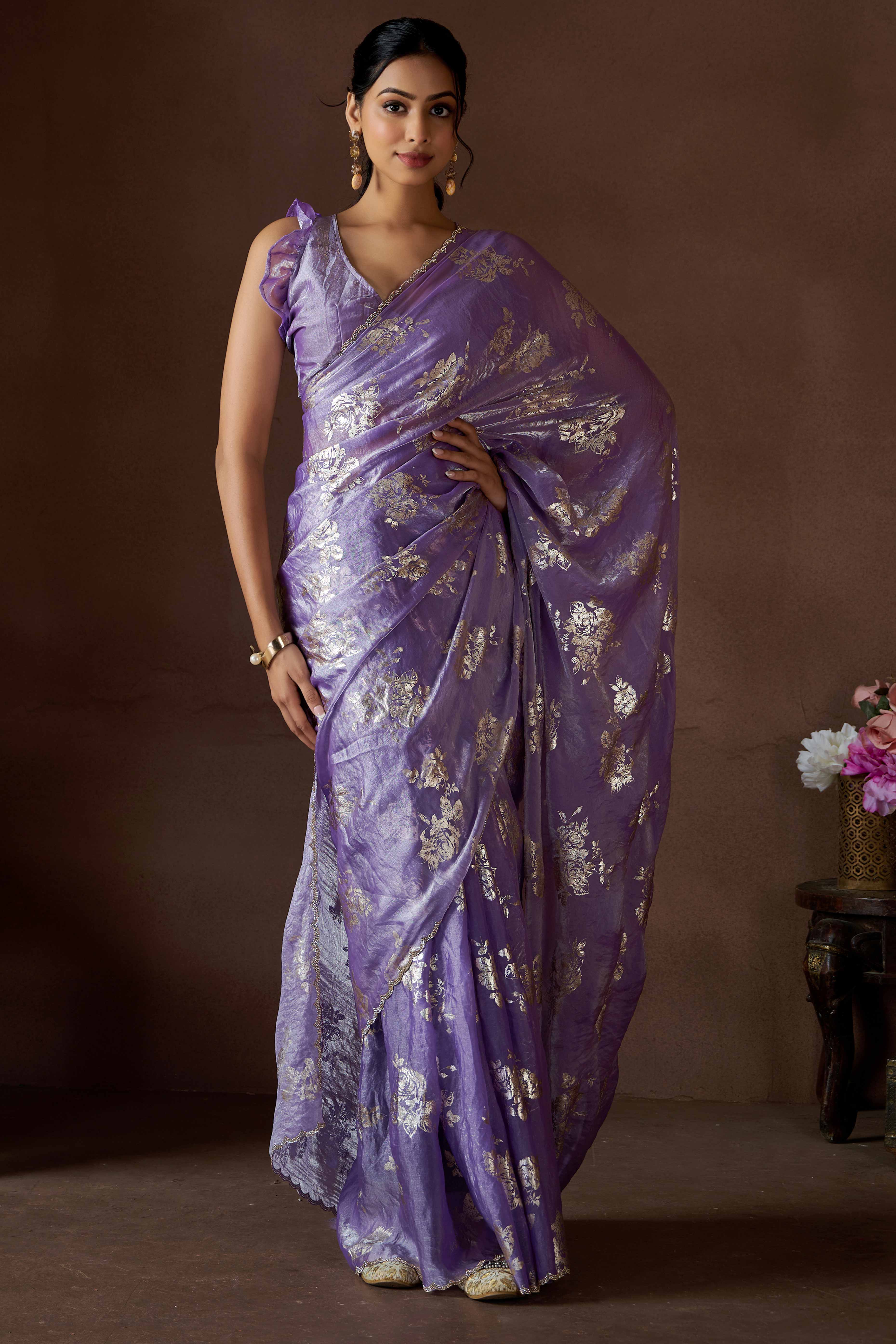 Lavender Floral Foil Printed Satin Silk Saree With Zarkan Border