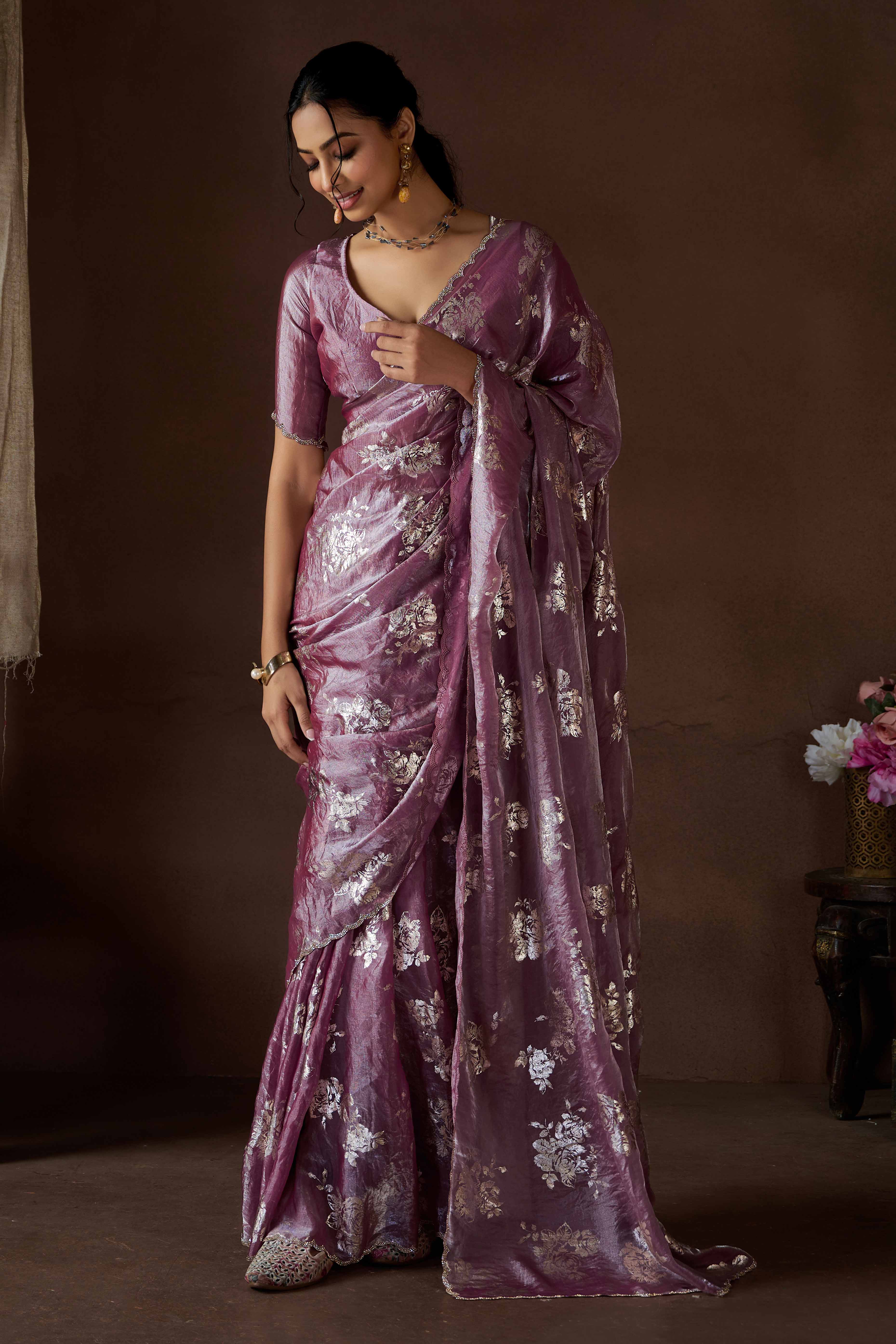 Wine Floral Foil Printed Satin Silk Saree With Zarkan Border