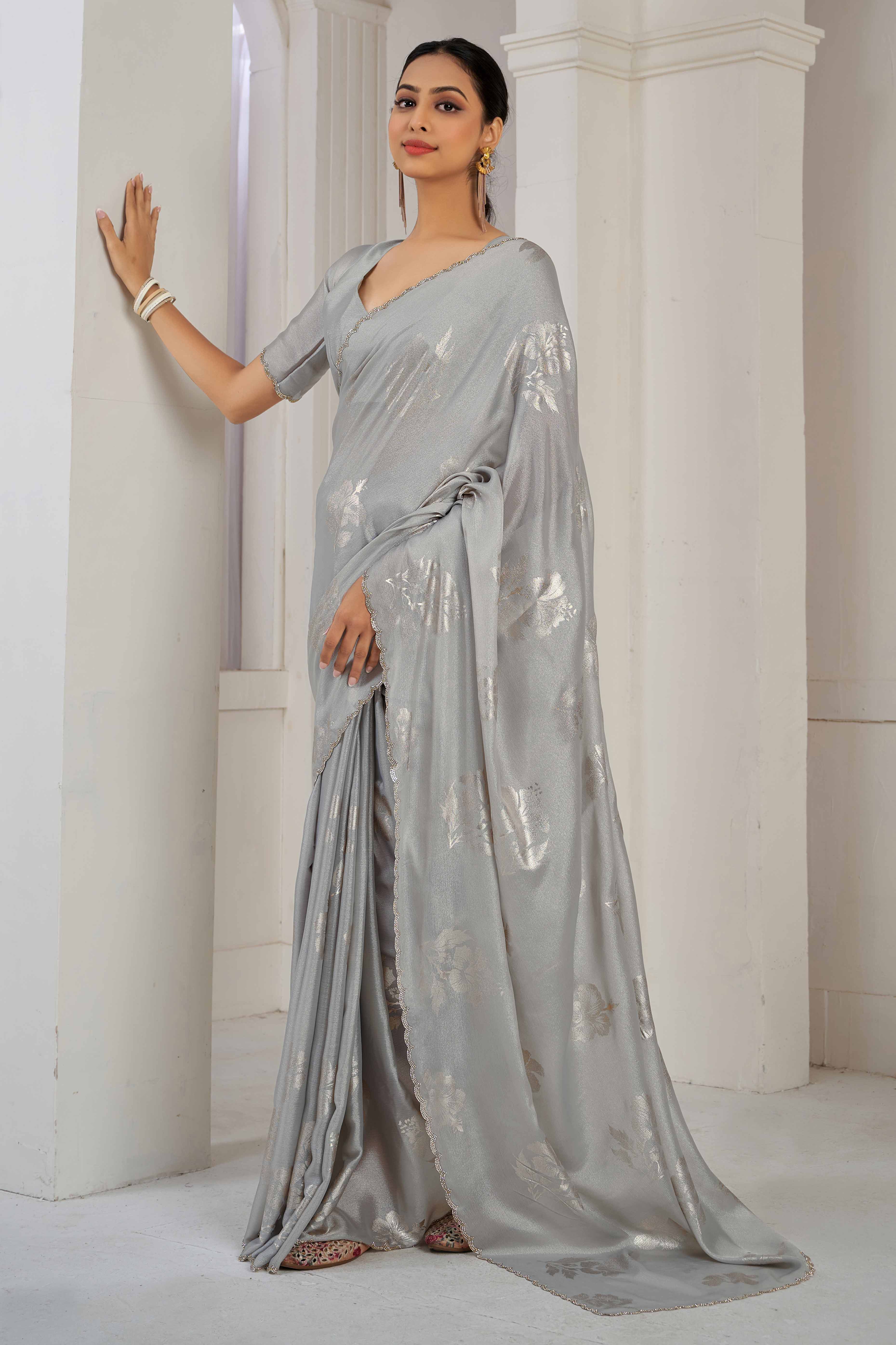 Grey Floral Printed Stone Work Satin Saree