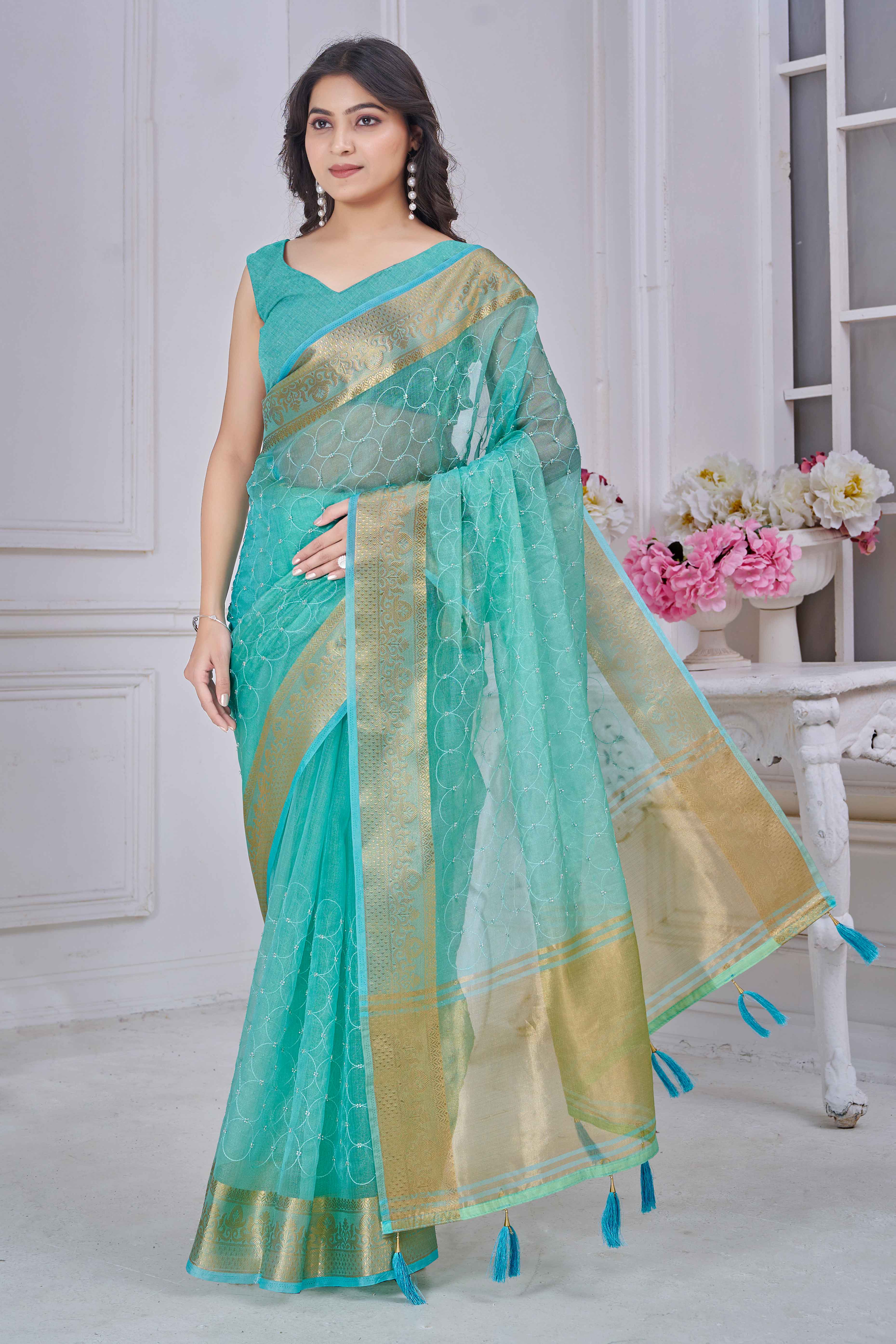 Turquoise Pure Jacquard Saree Weaving with Delicate Beads and Embroidery