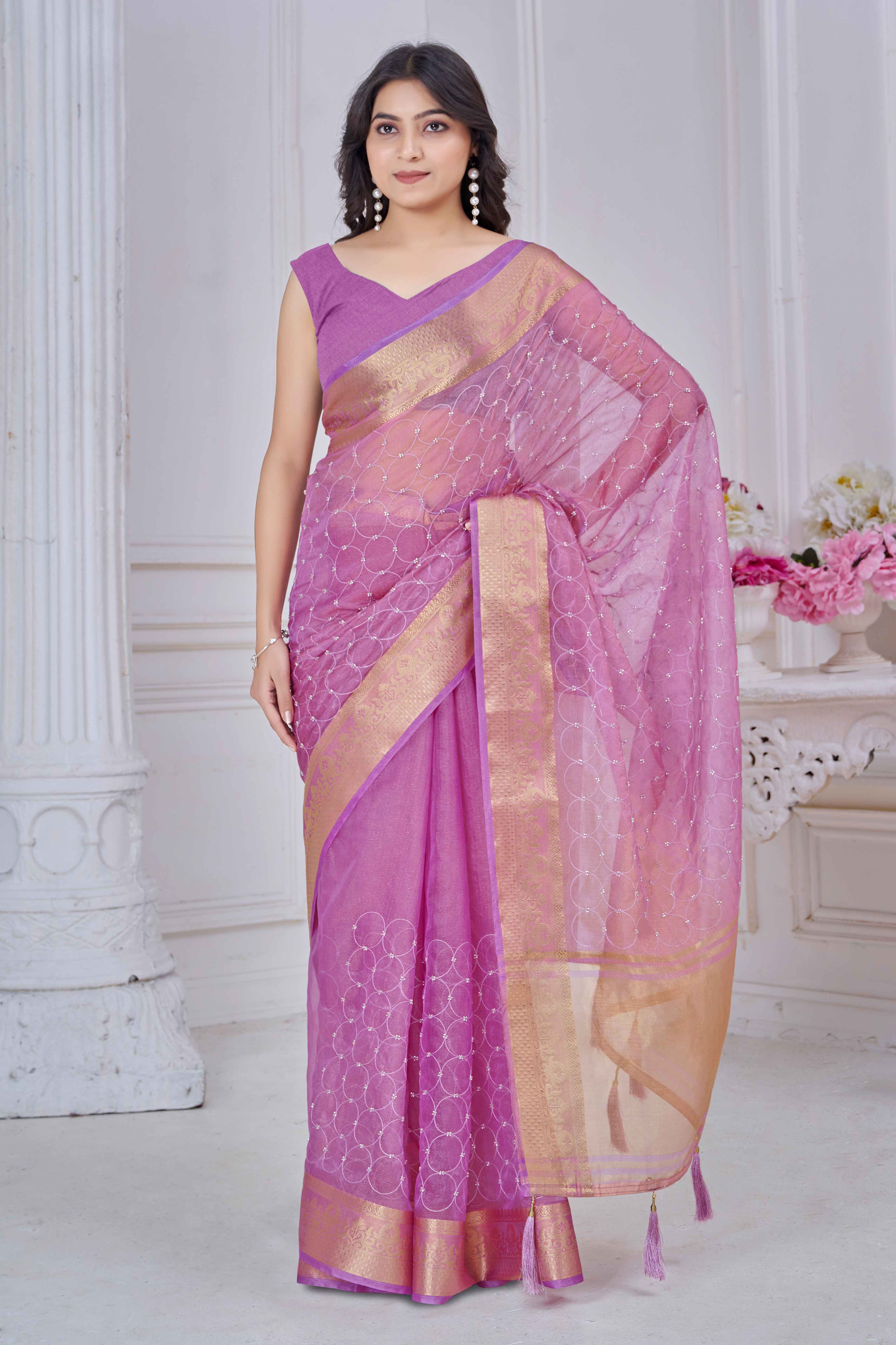 Purple Pure Jacquard Saree Weaving with Delicate Beads and Embroidery