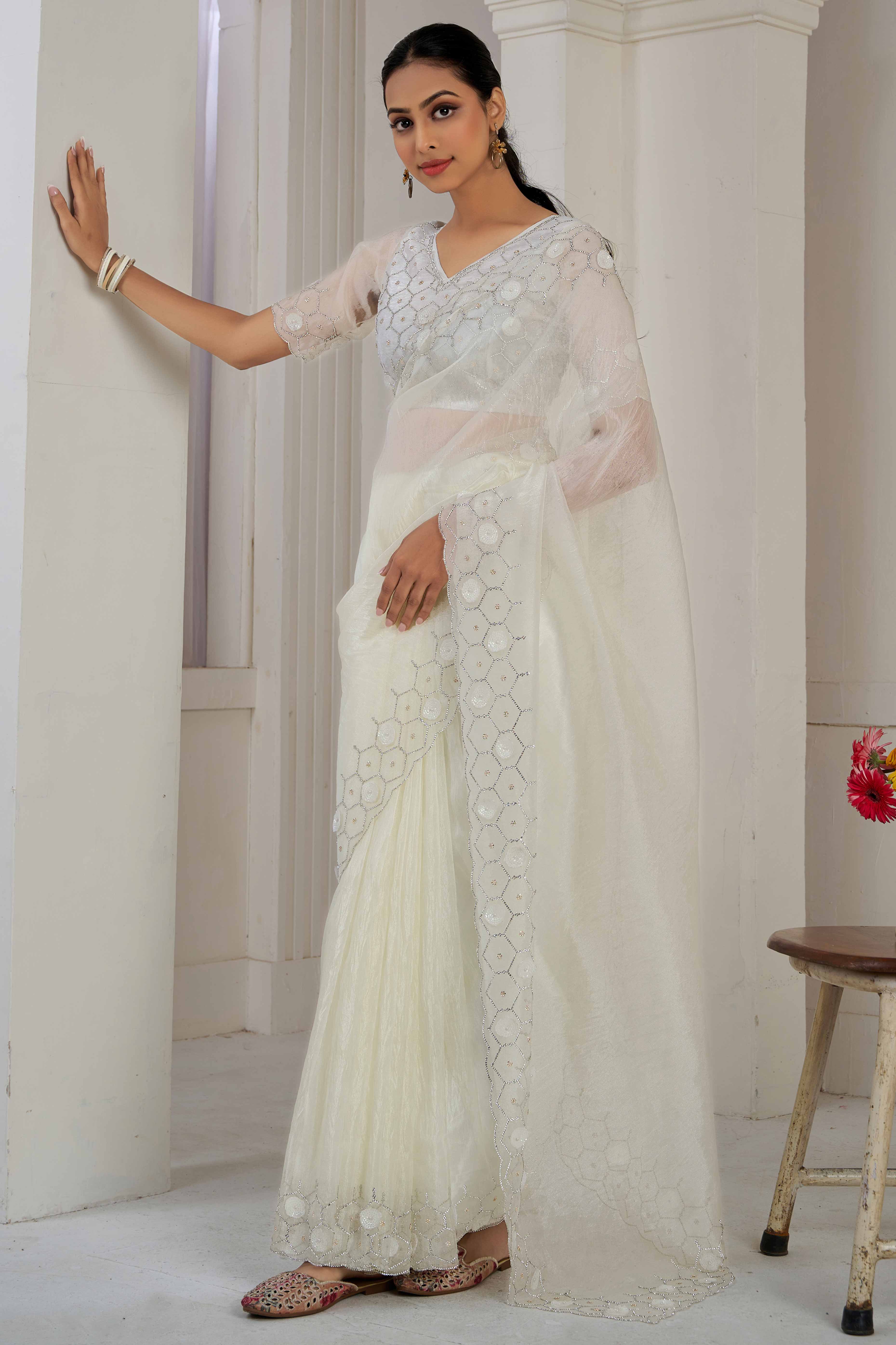 White Stone Work Soft Organza Saree