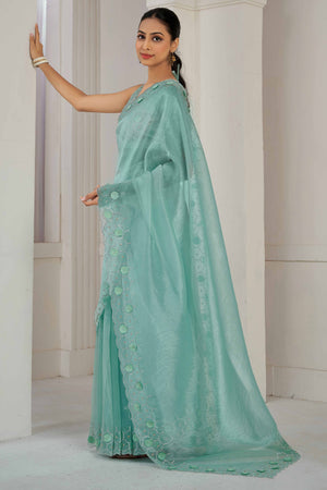 Turquoise Stone Work Soft Organza Saree