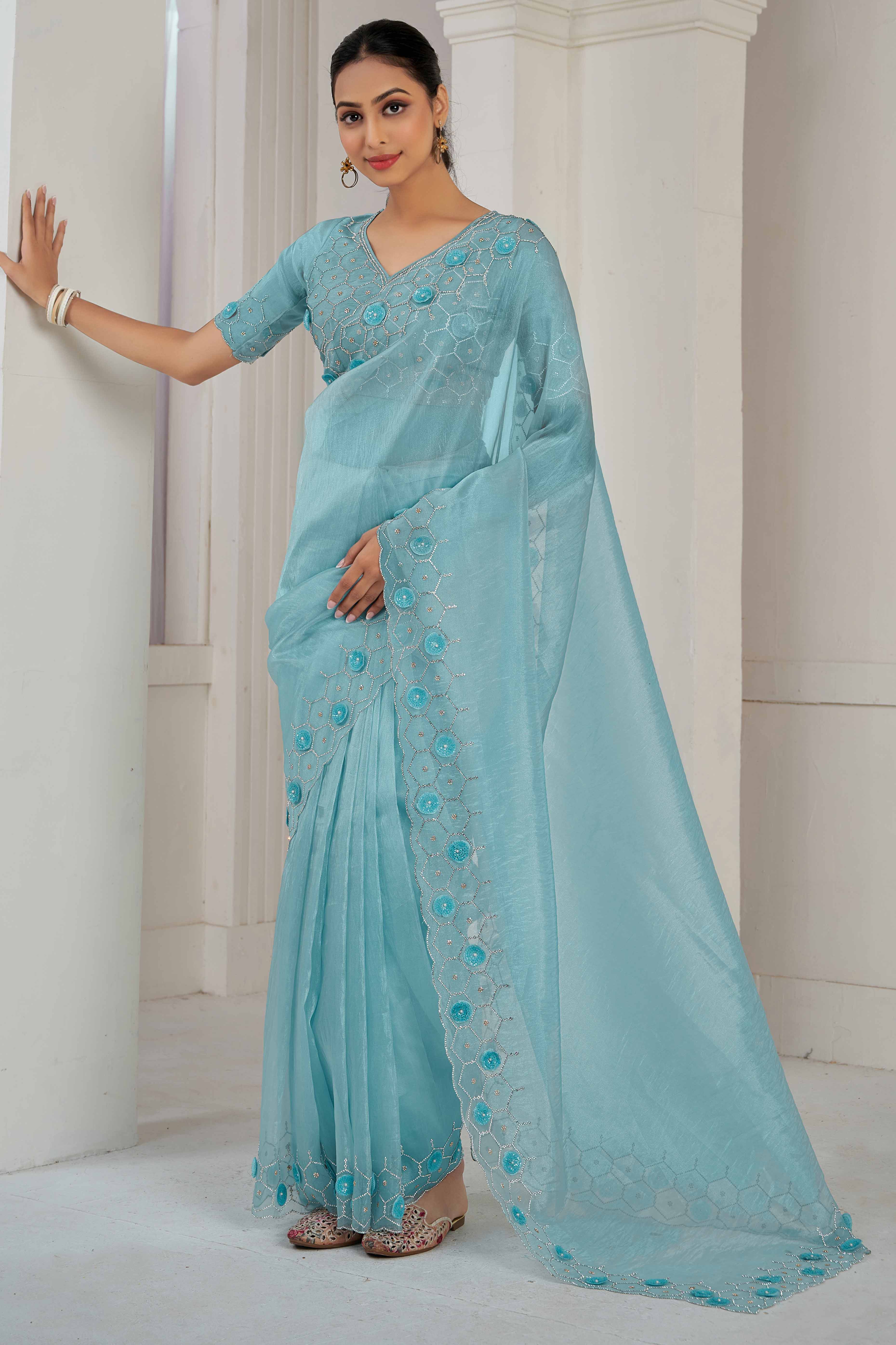 Sky Blue Stone Work Soft Organza Saree