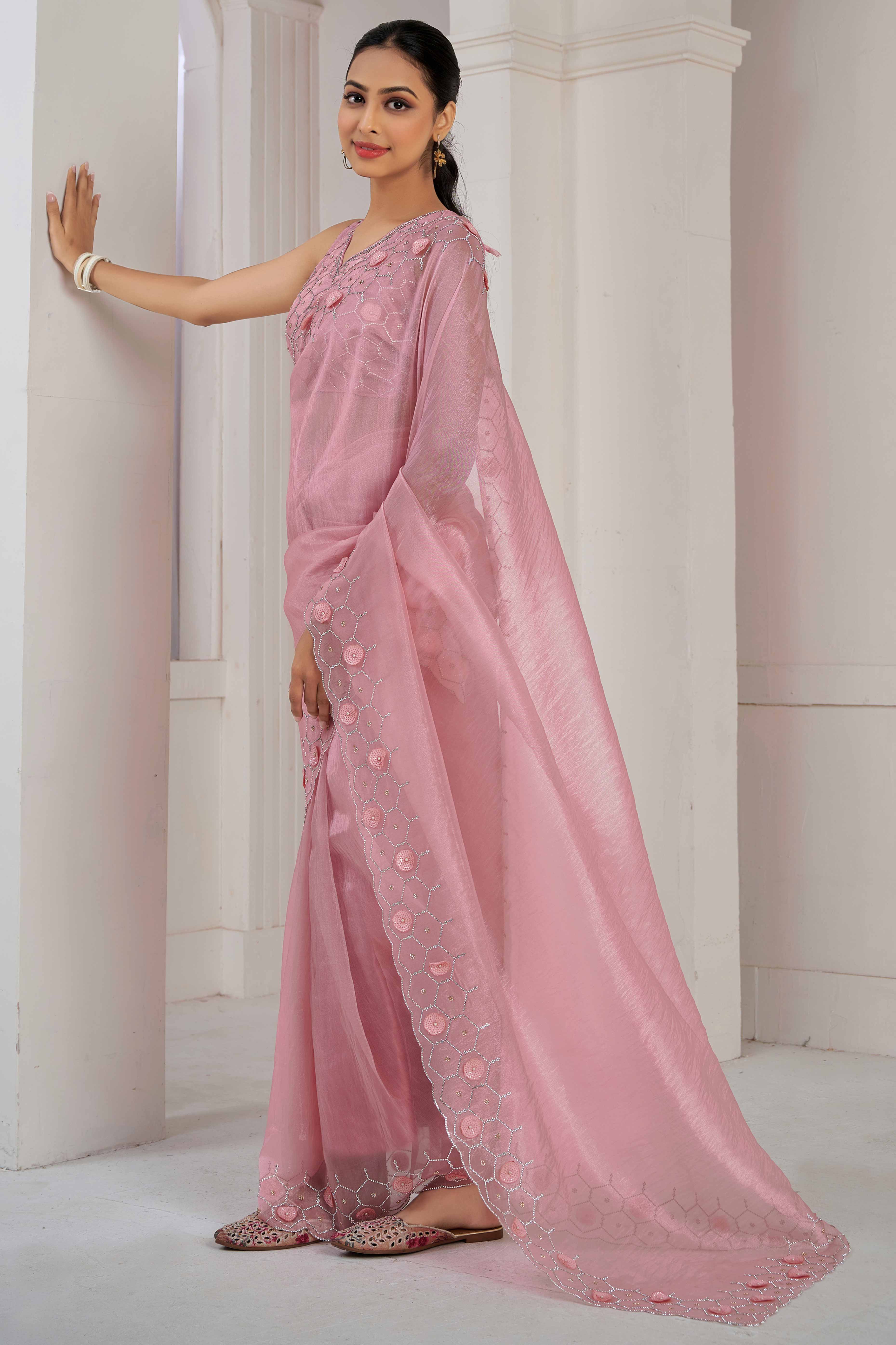 Peach Stone Work Soft Organza Saree