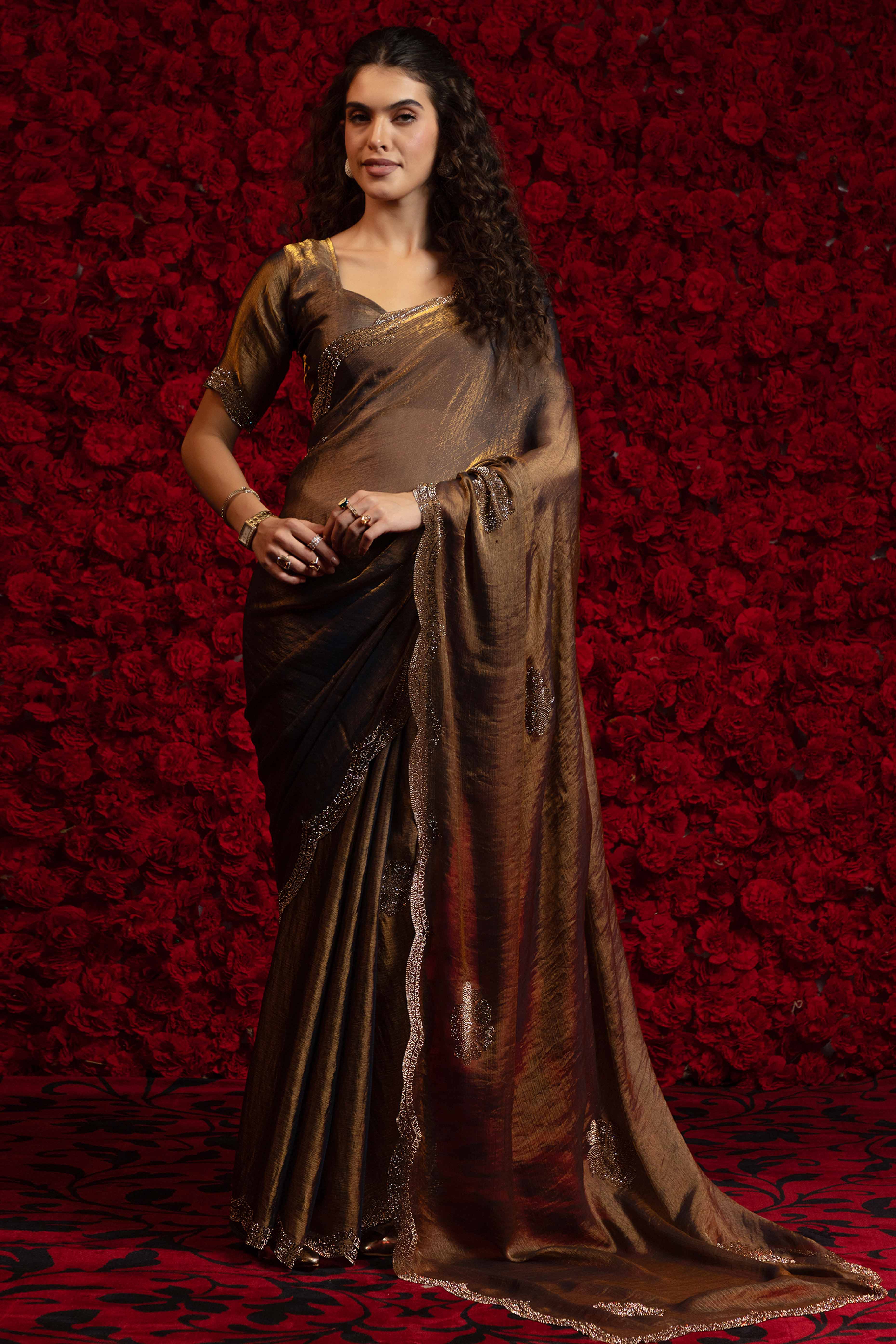 Coffee Brown Stone Work Embellished Satin Chiffon Partywear Saree