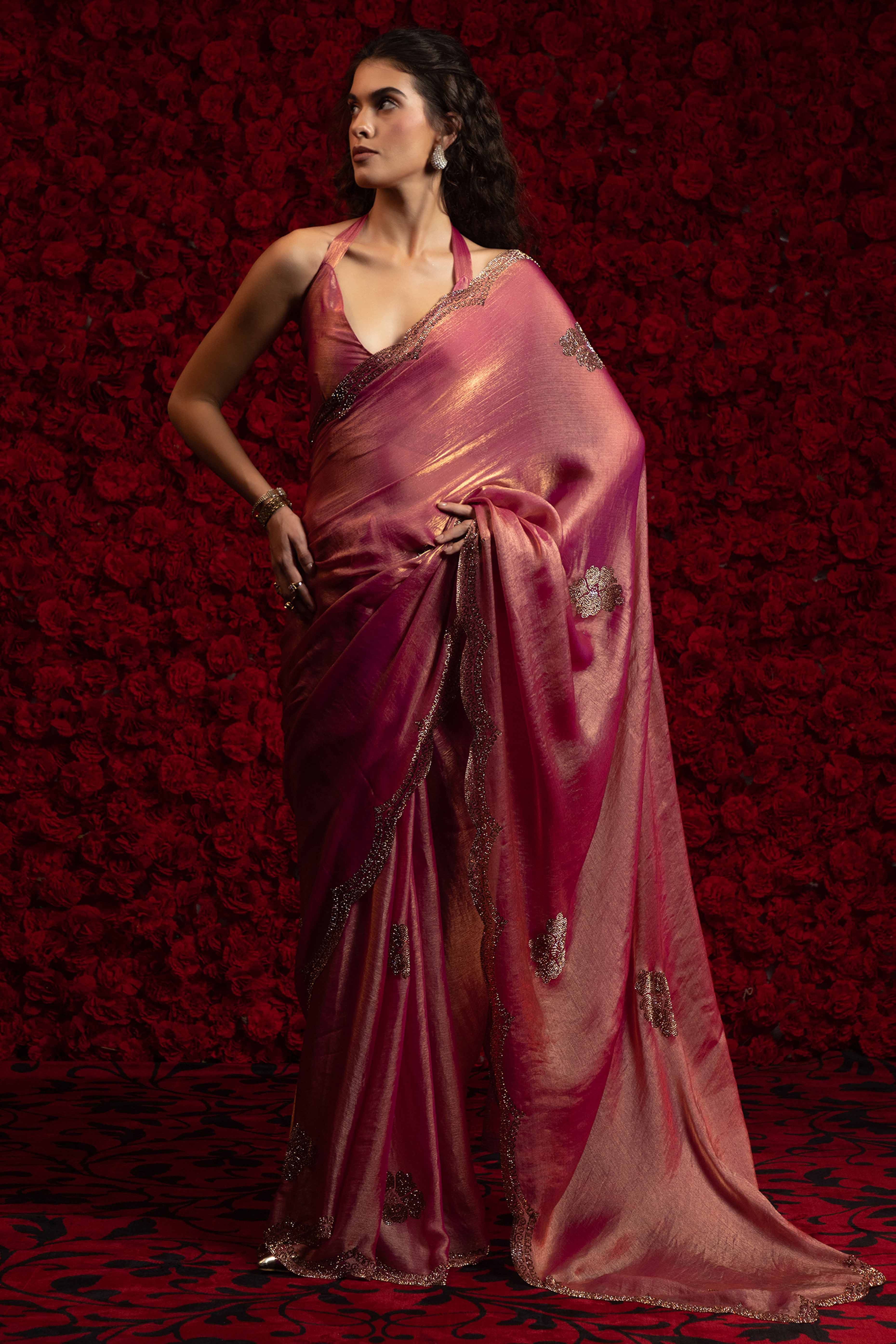 Magenta Stone Work Embellished Satin Chiffon Partywear Saree