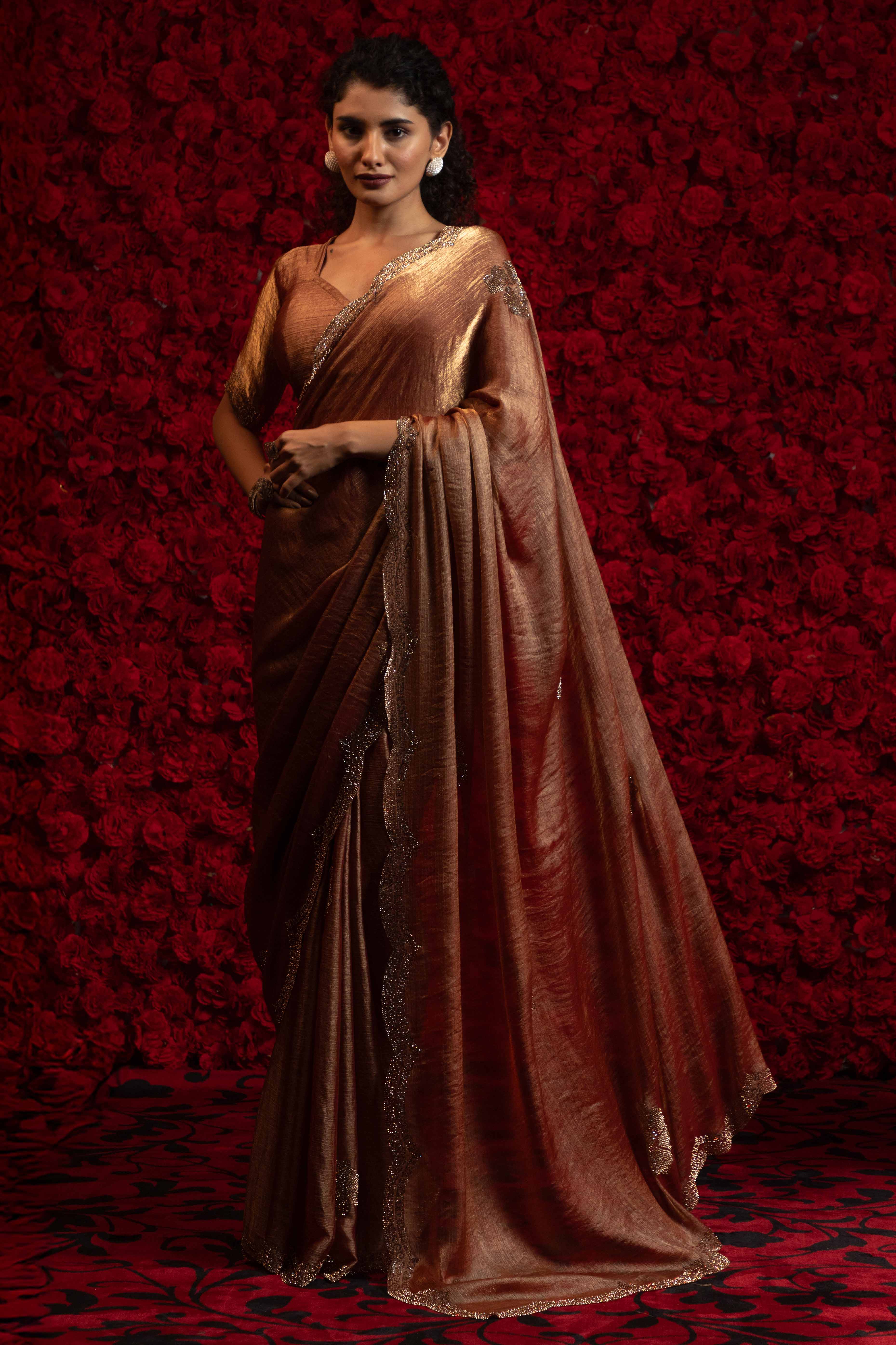 Brown Stone Work Embellished Satin Chiffon Partywear Saree
