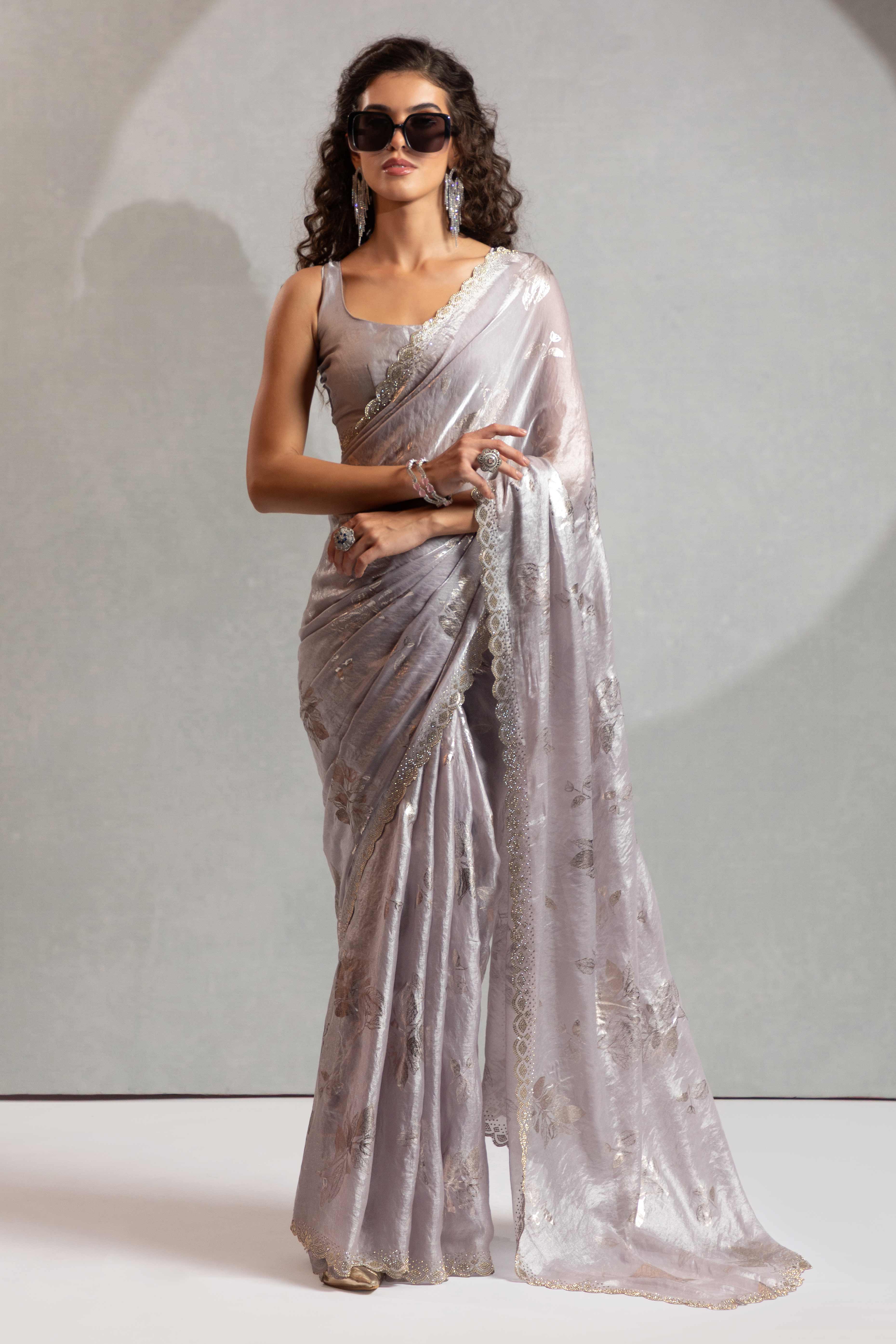 Designer Grey Satin Silk Saree Adorned with Foil & Stone Embellishments