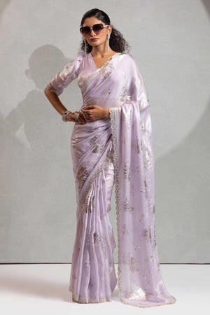 Designer Lavender Satin Silk Saree Adorned with Foil & Stone Embellishments