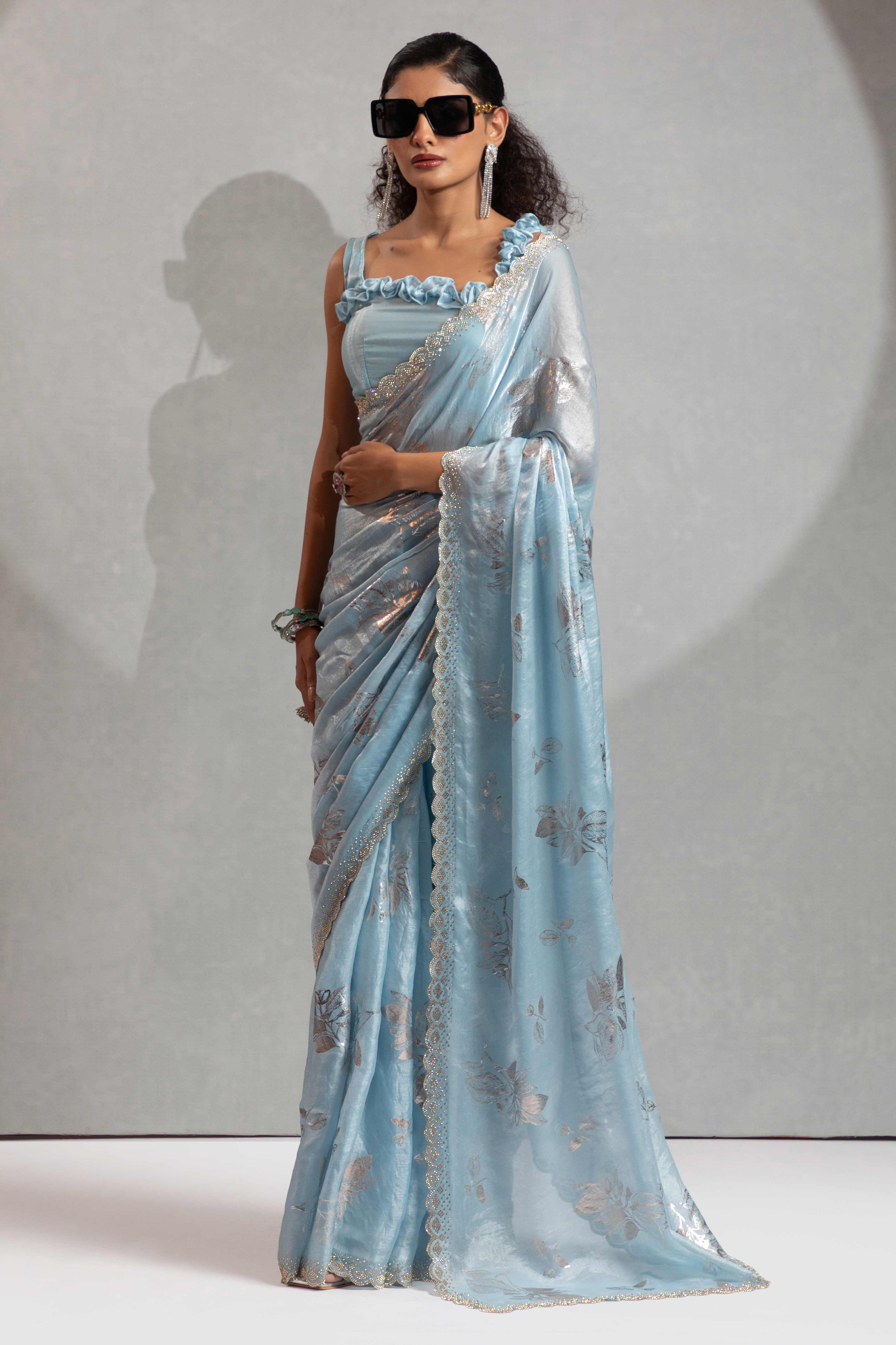 Designer Sky Blue Satin Silk Saree Adorned with Foil & Stone Embellishments