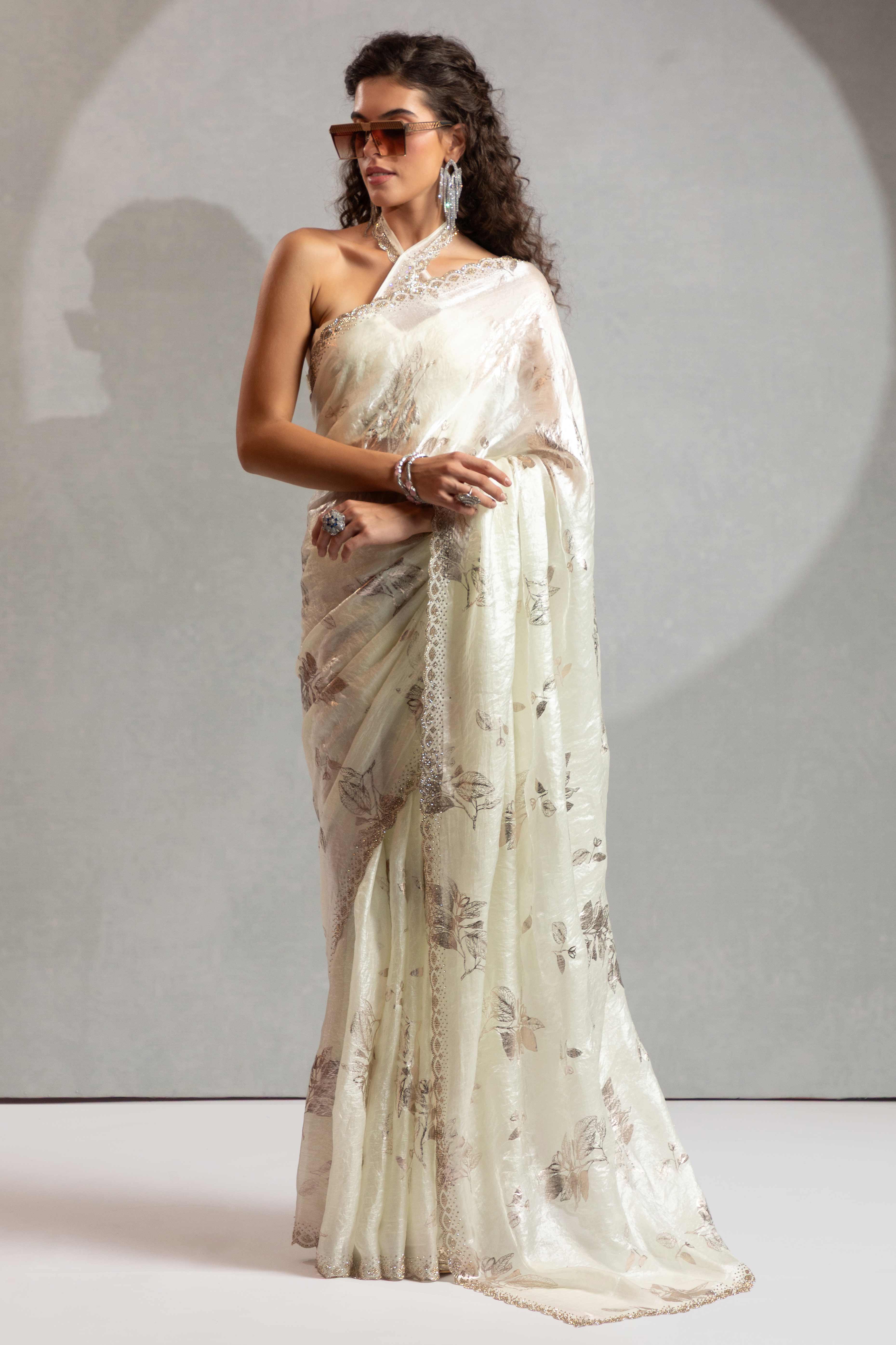 Designer Off White Satin Silk Saree Adorned with Foil & Stone Embellishments