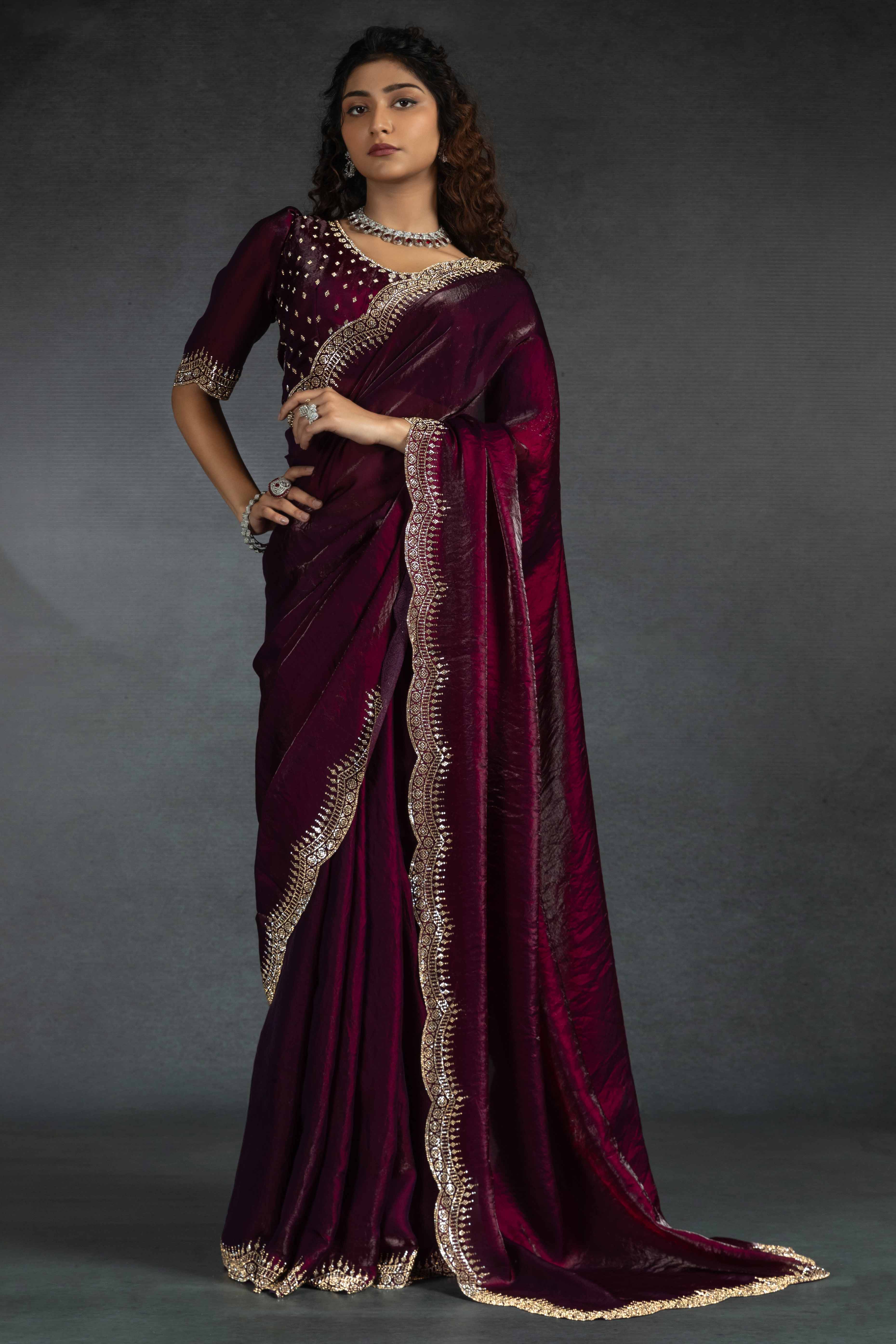 Magenta Satin Saree Embellished with Stones for a Party Look