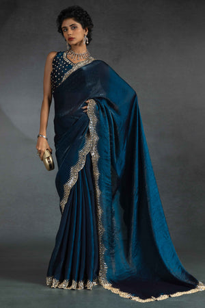 Blue Satin Saree Embellished with Stones for a Party Look