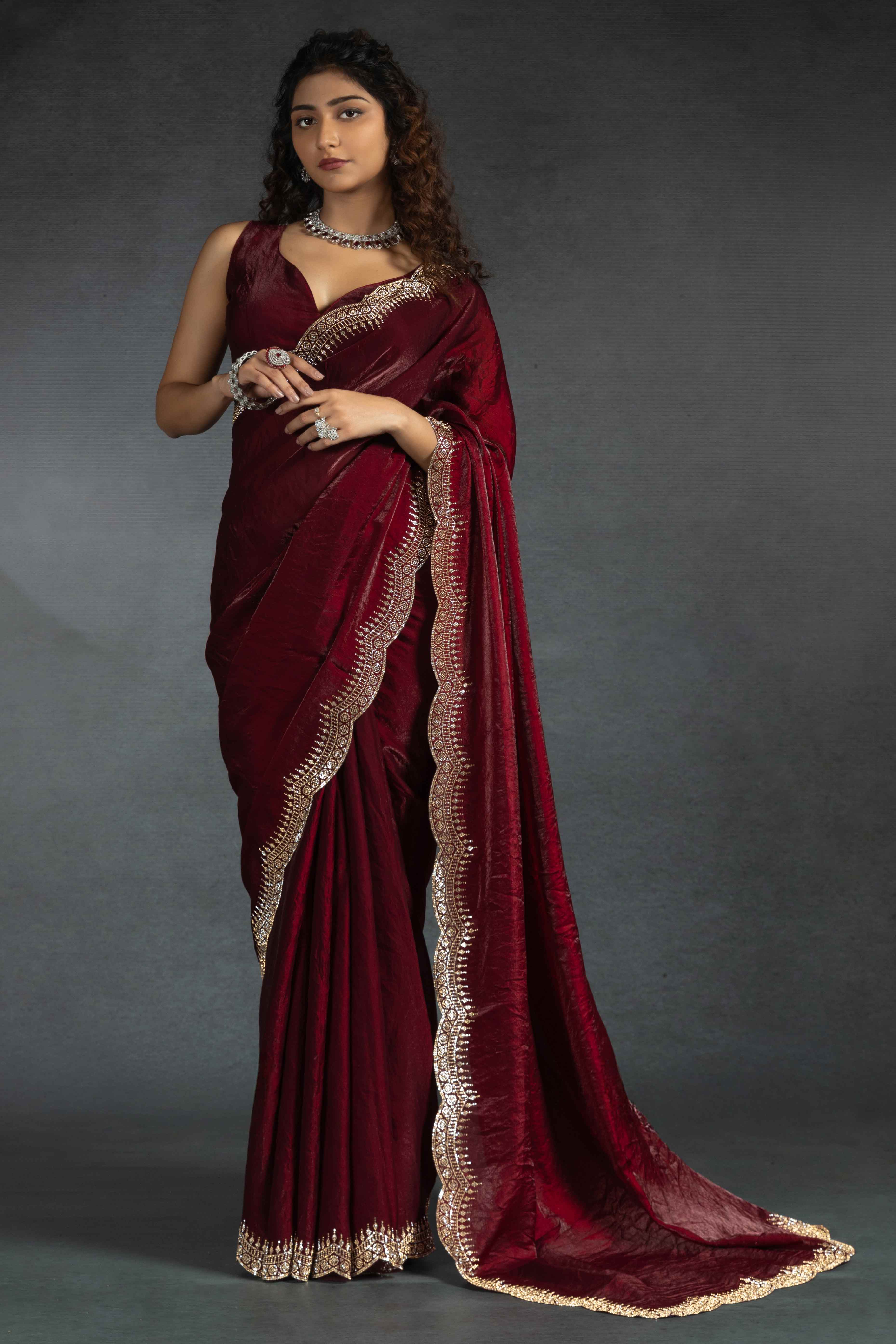 Maroon Satin Saree Embellished with Stones for a Party Look