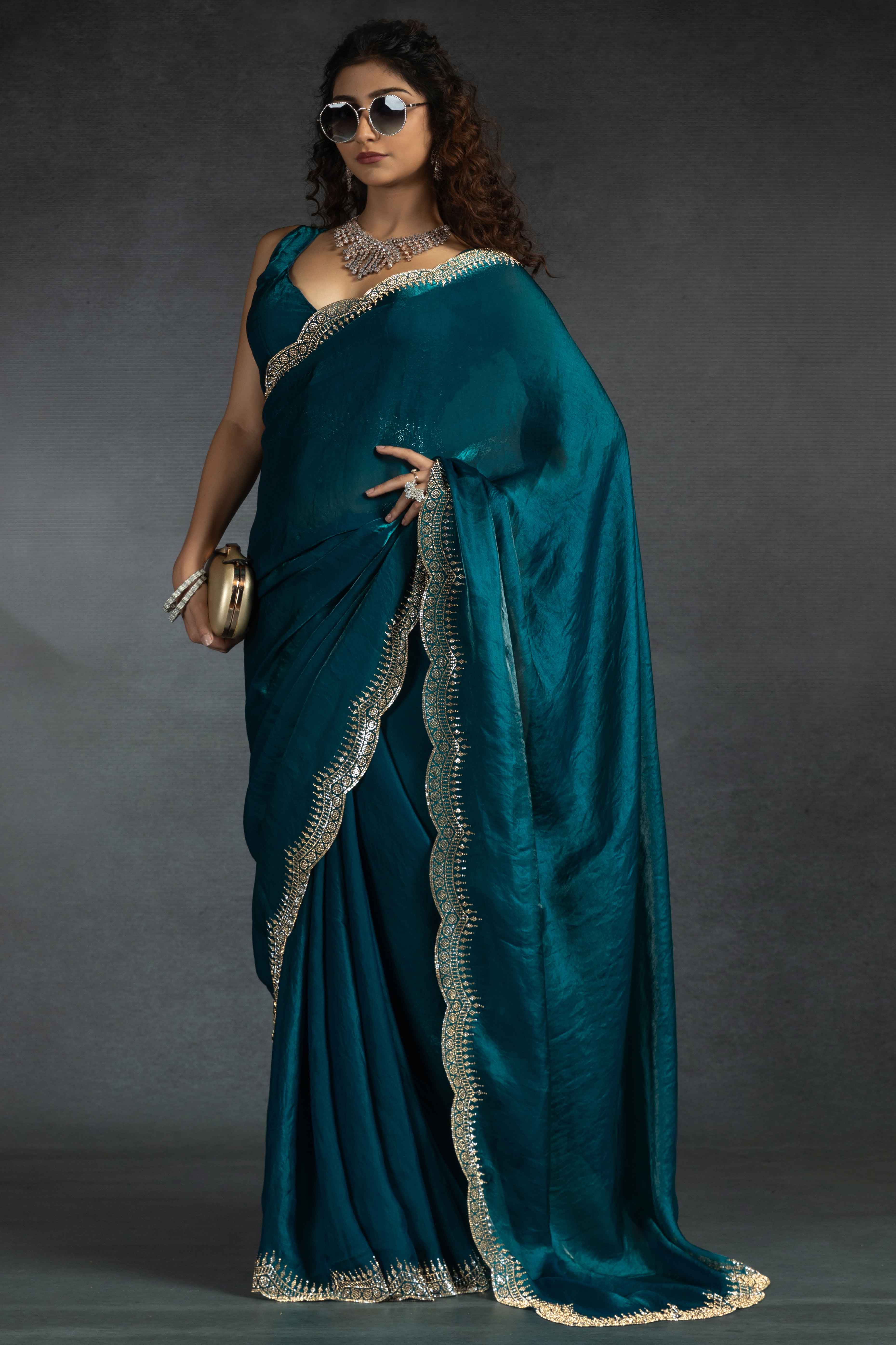 Teal Satin Saree Embellished with Stones for a Party Look