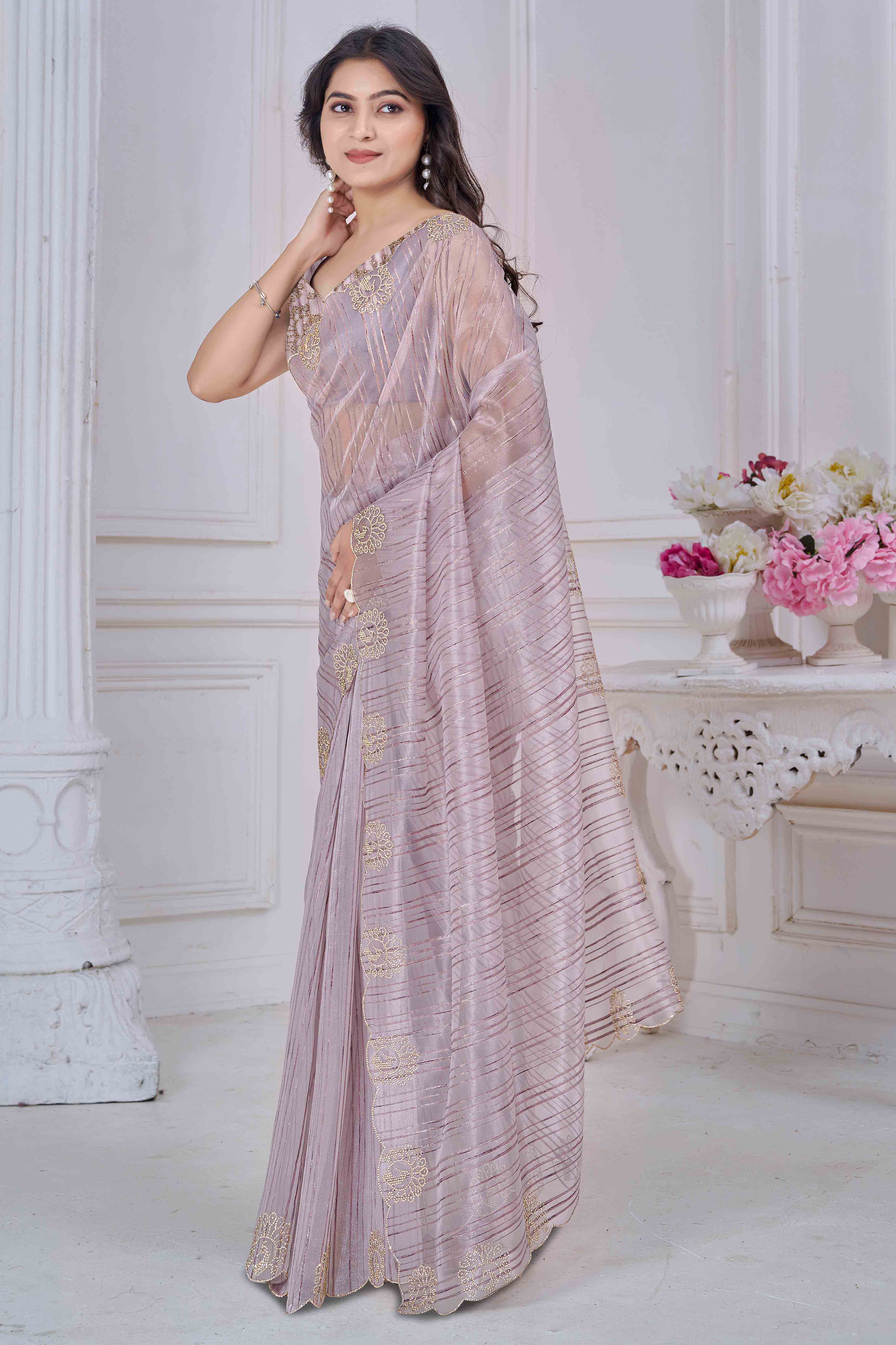 Lilac Grey Cotton Blend Saree with Modern Stripes and Delicate Stone Embroidery