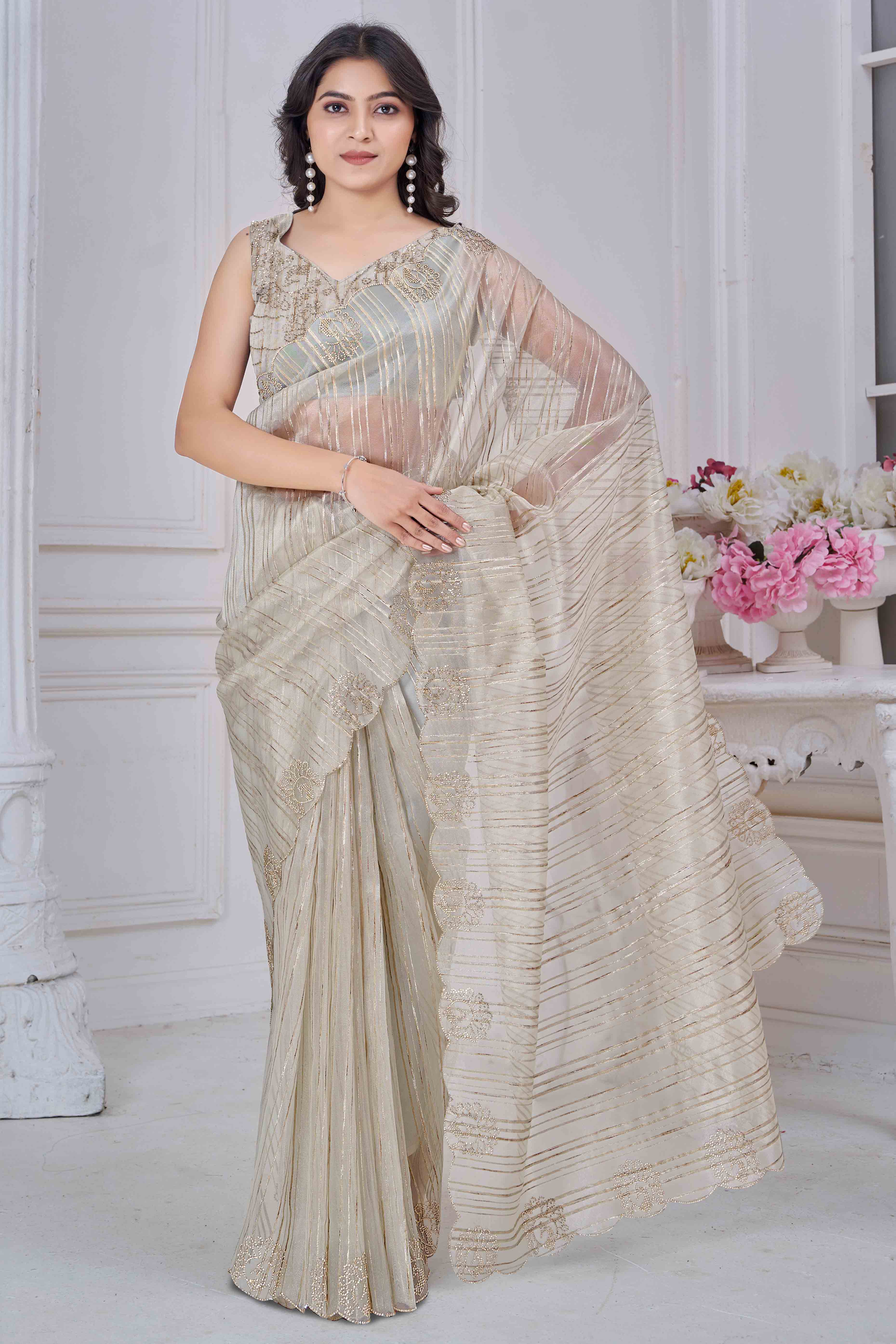 Light Beige Cotton Blend Saree with Modern Stripes and Delicate Stone Embroidery