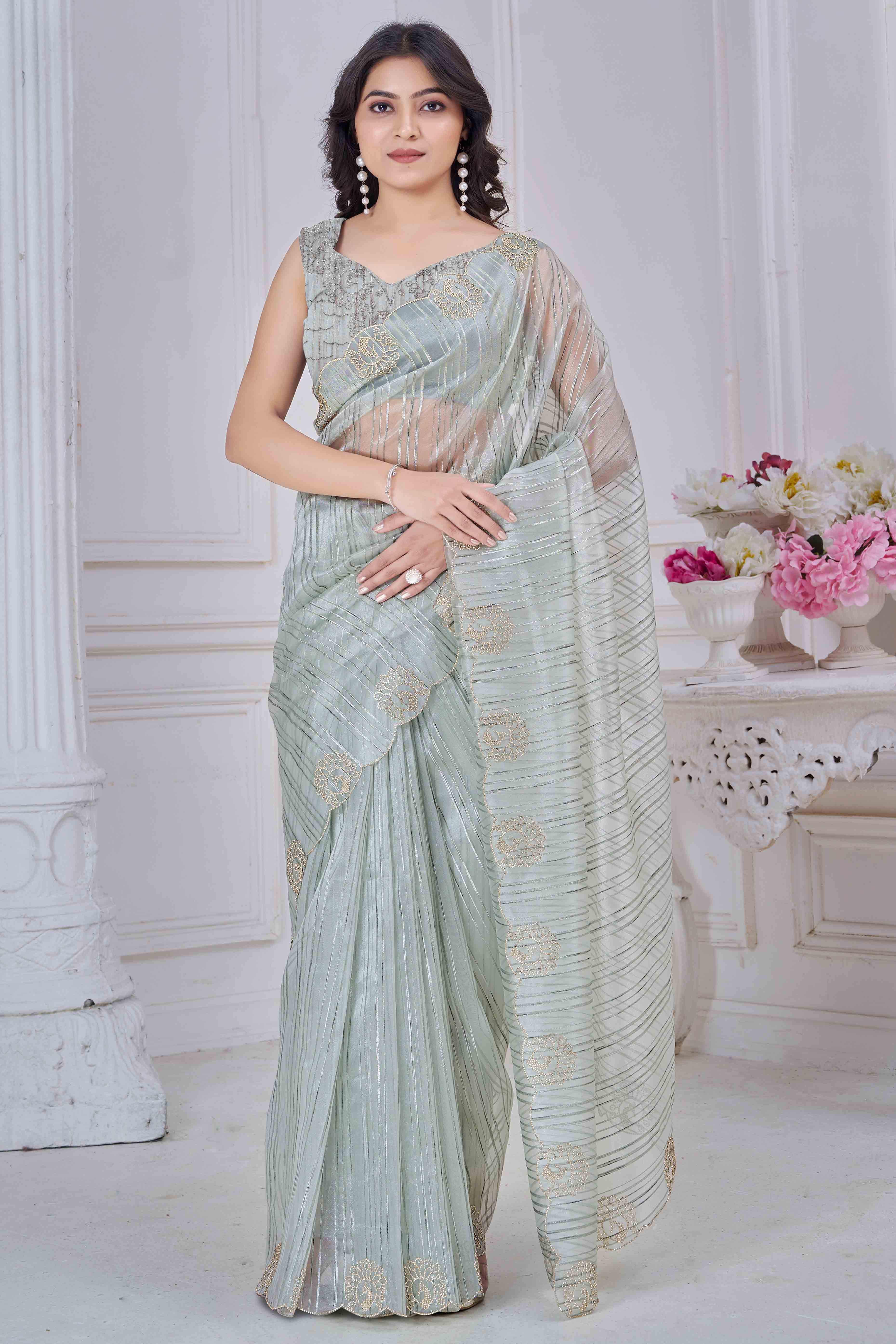 Green Cotton Blend Saree with Modern Stripes and Delicate Stone Embroidery