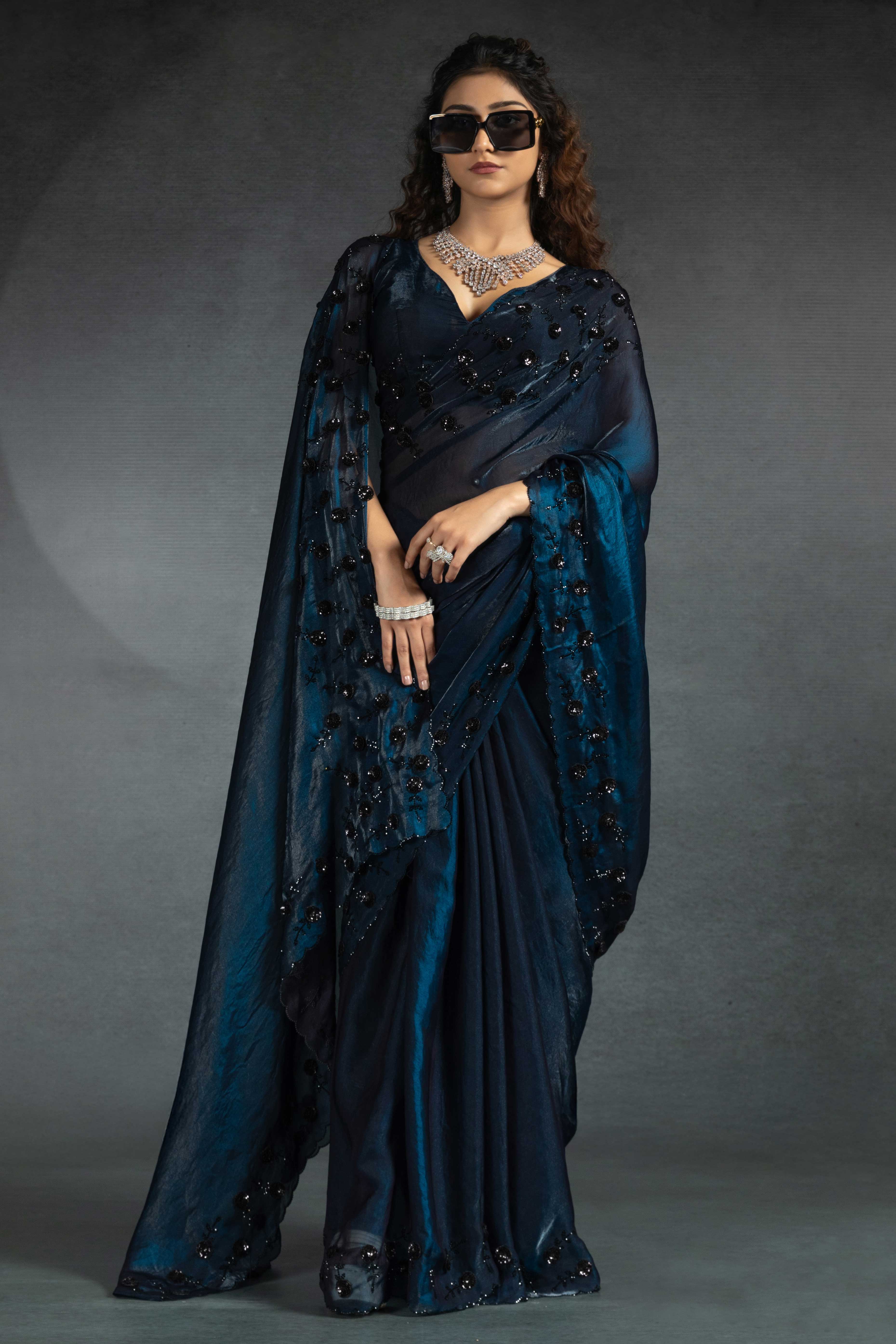 Dark Teal Satin Saree with Stone and Sequin Embellishment