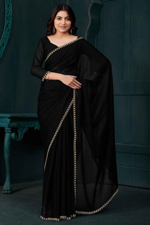 Black Crepe Silk Solid Saree with Elegant Zarkan Border Detailing