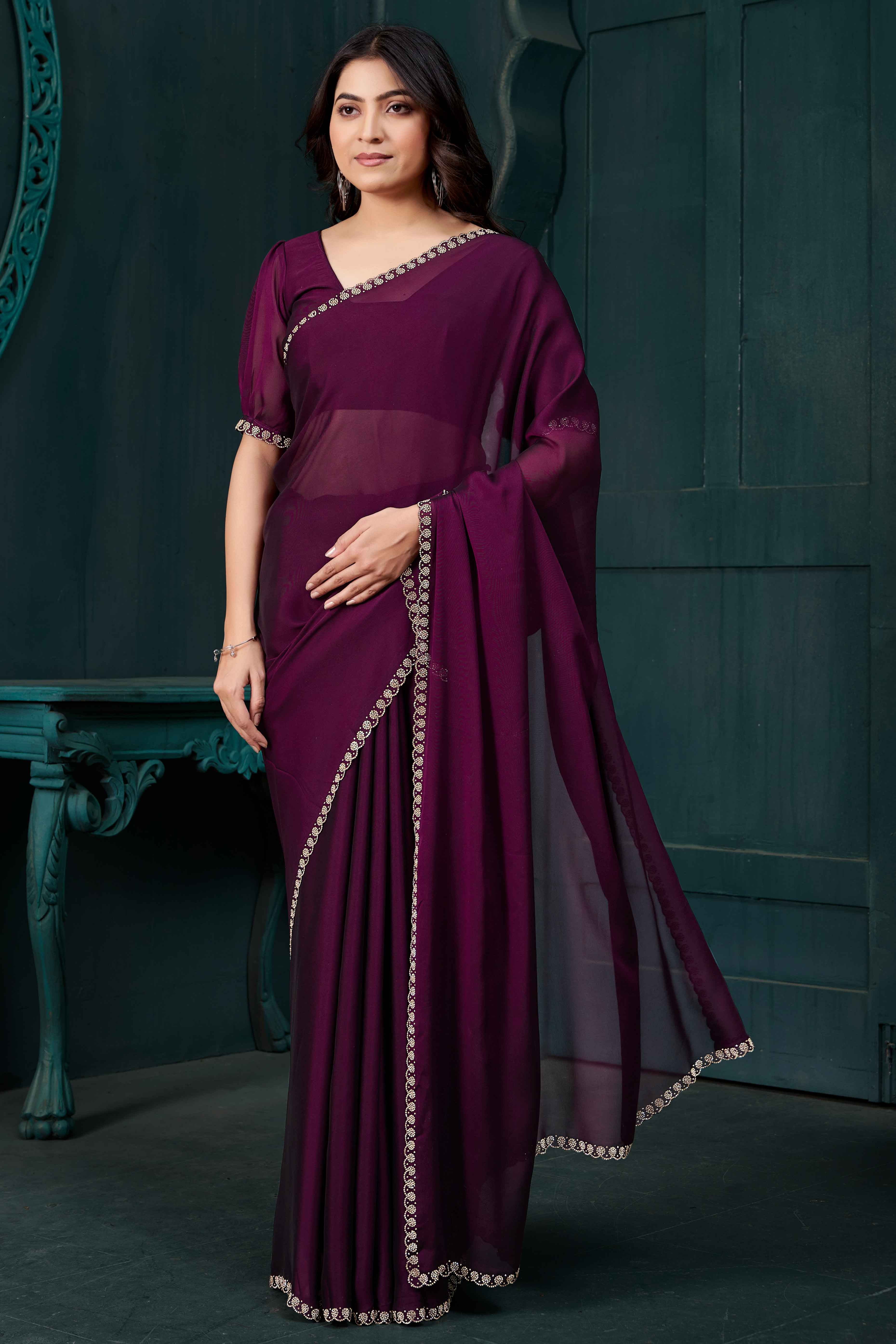 Wine Crepe Silk Solid Saree with Elegant Zarkan Border Detailing