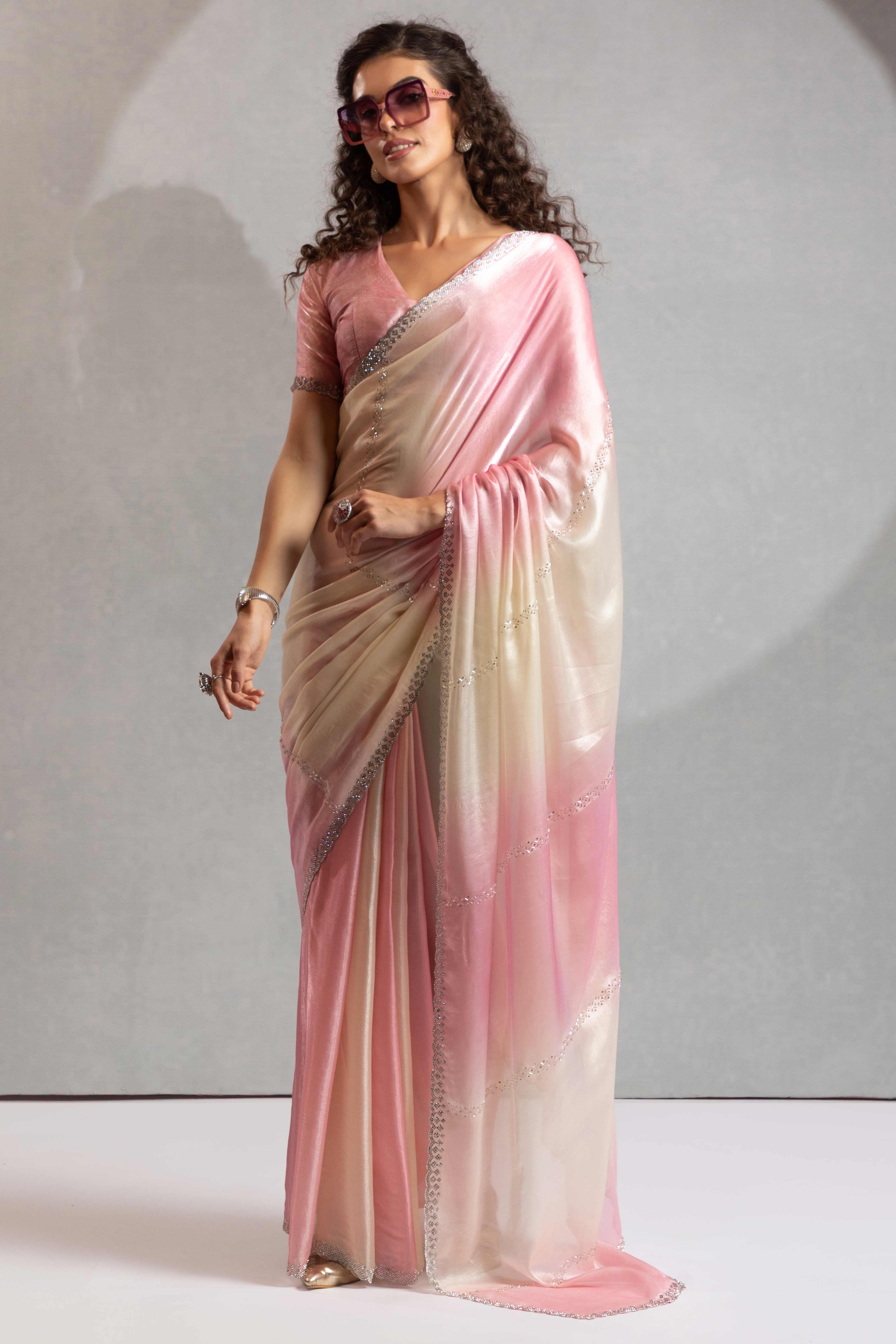 Light Pink & Off White Satin Silk Saree Decorated With Stone Embellishments
