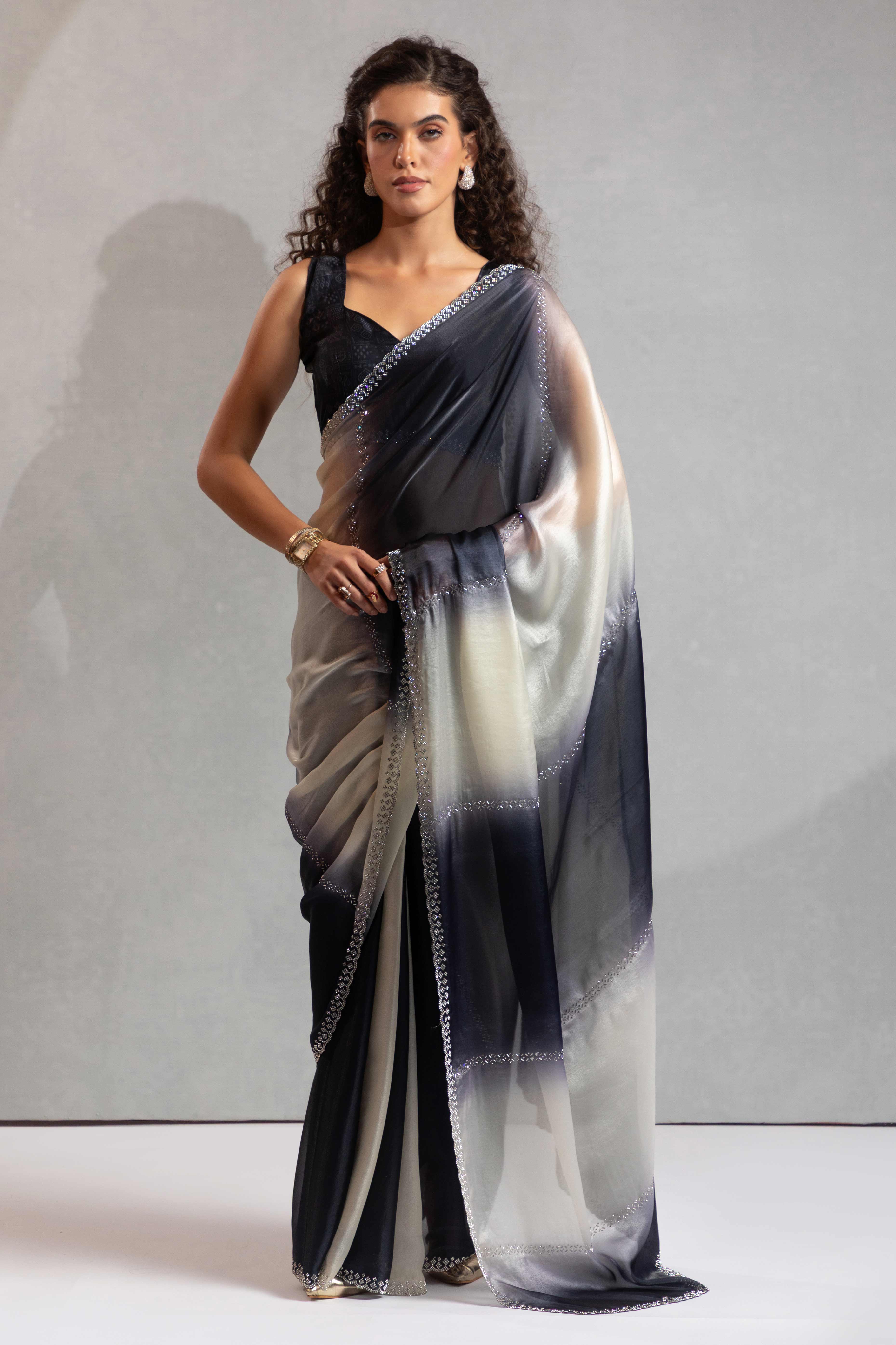 Black & Off White Satin Silk Saree Decorated With Stone Embellishments