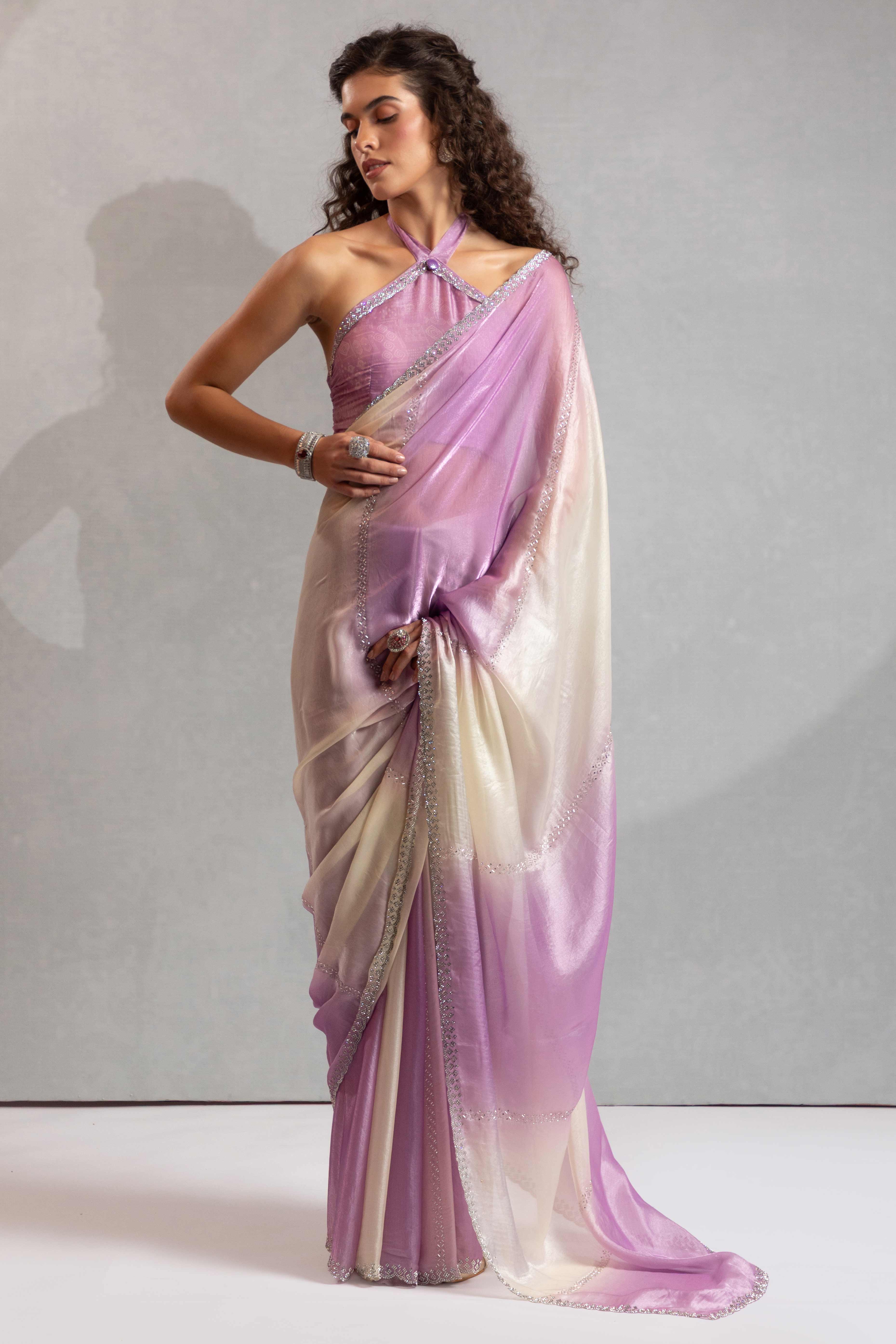 Purple & Off White Satin Silk Saree Decorated With Stone Embellishments