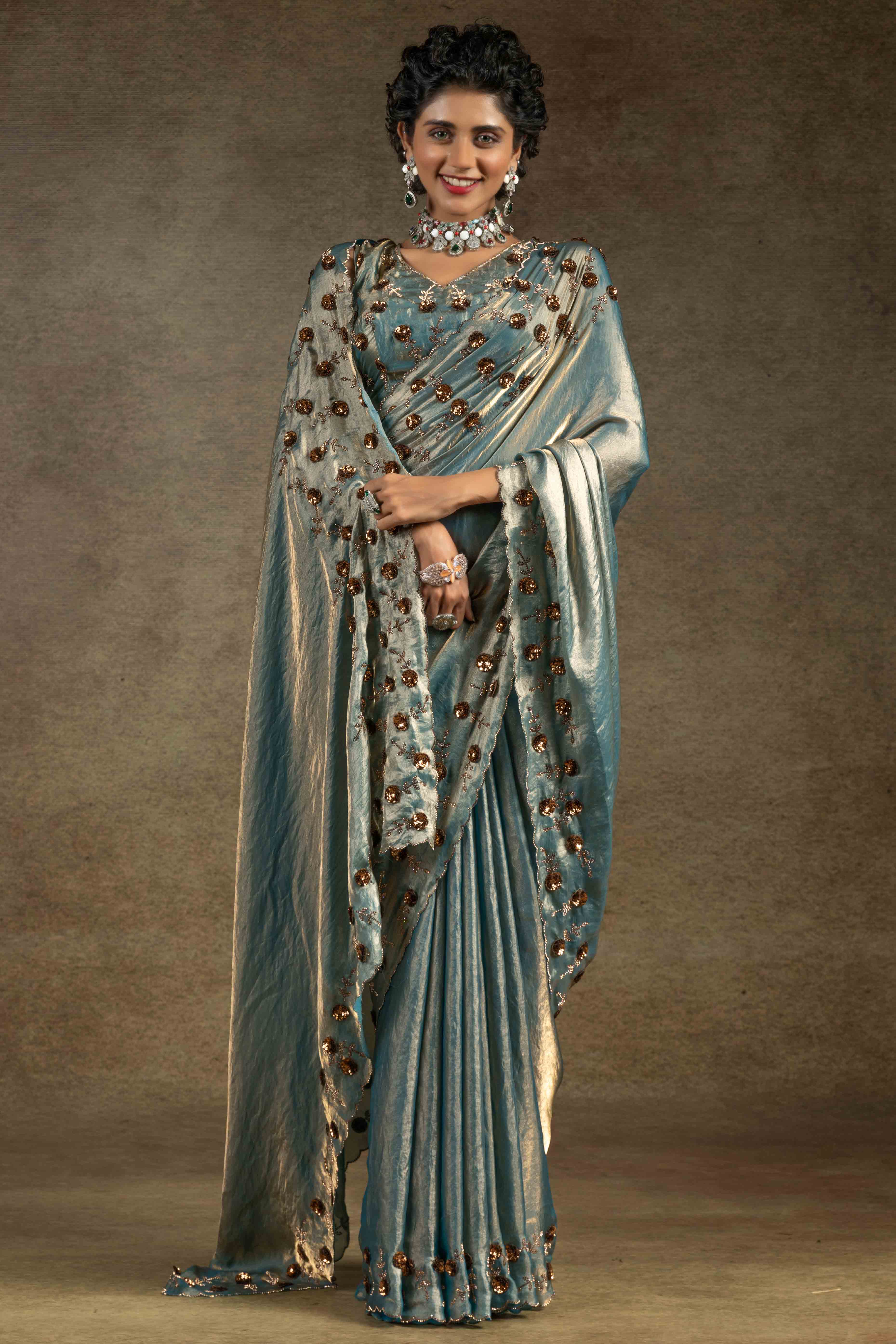 Blue Zarkan With Sequin & Beads Work Satin Silk Two Tone Saree