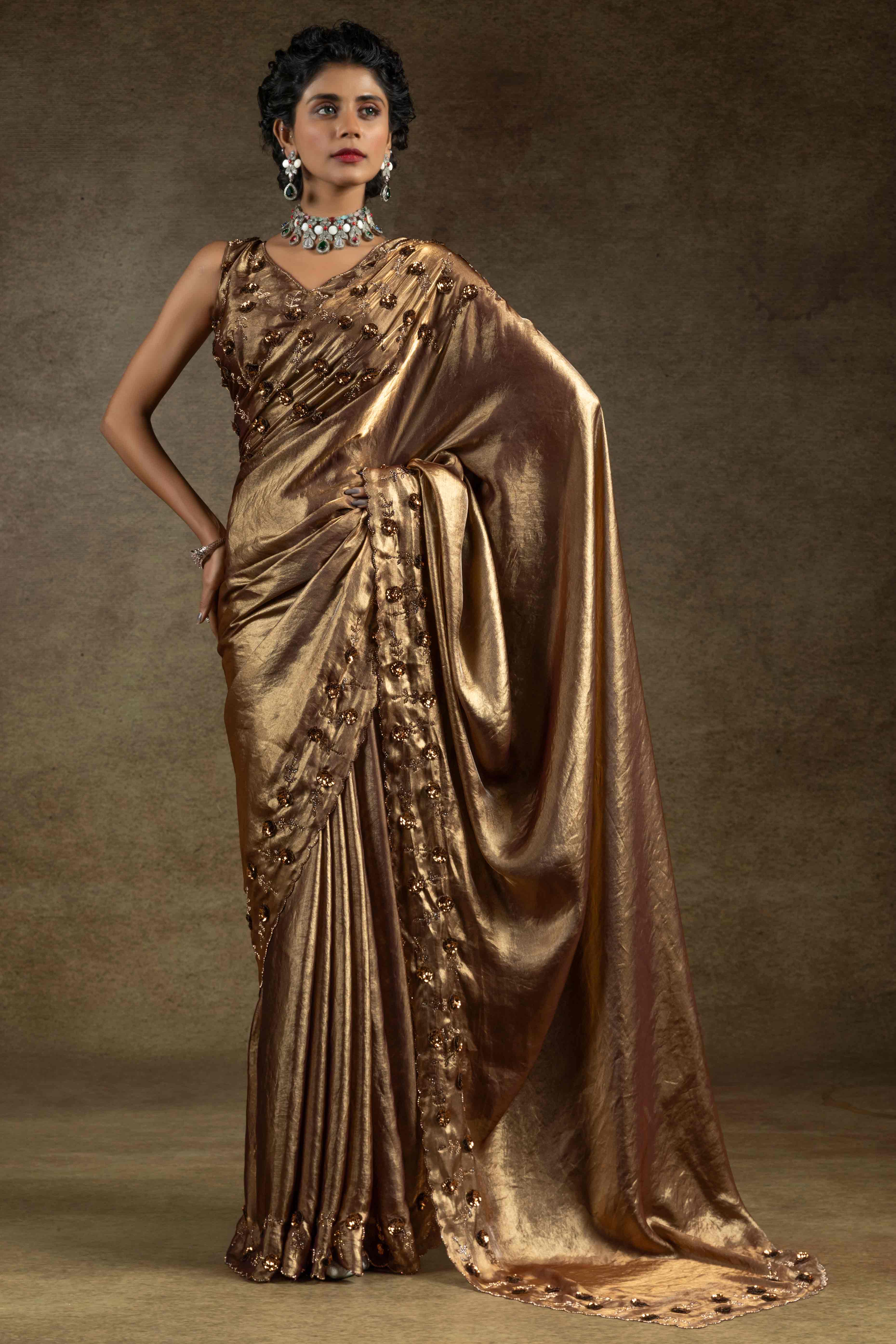 Golden Zarkan With Sequin & Beads Work Satin Silk Two Tone Saree