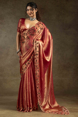 Brick Red Zarkan With Sequin & Beads Work Satin Silk Two Tone Saree