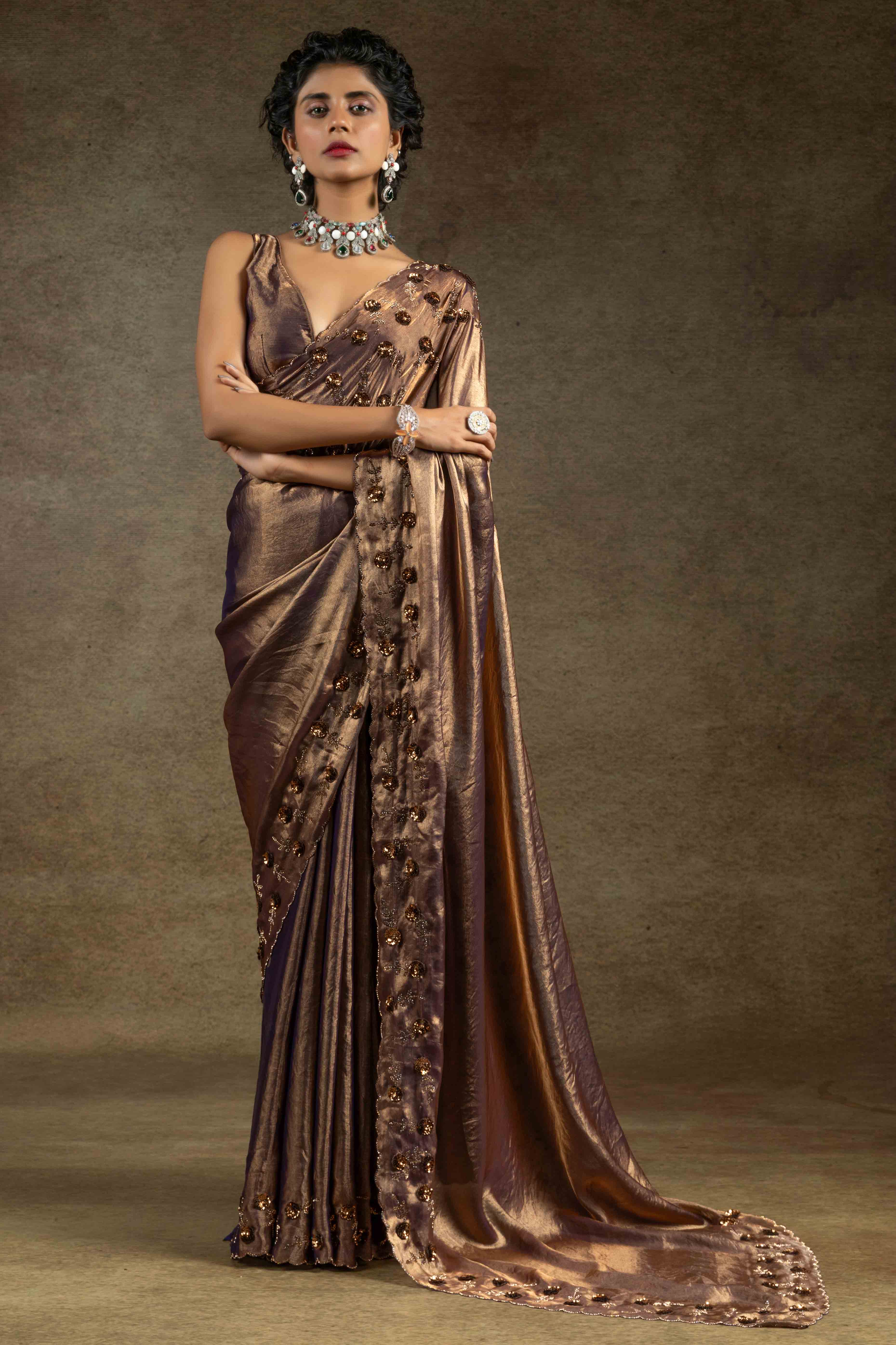 Metallic Bronze Zarkan With Sequin & Beads Work Satin Silk Two Tone Saree