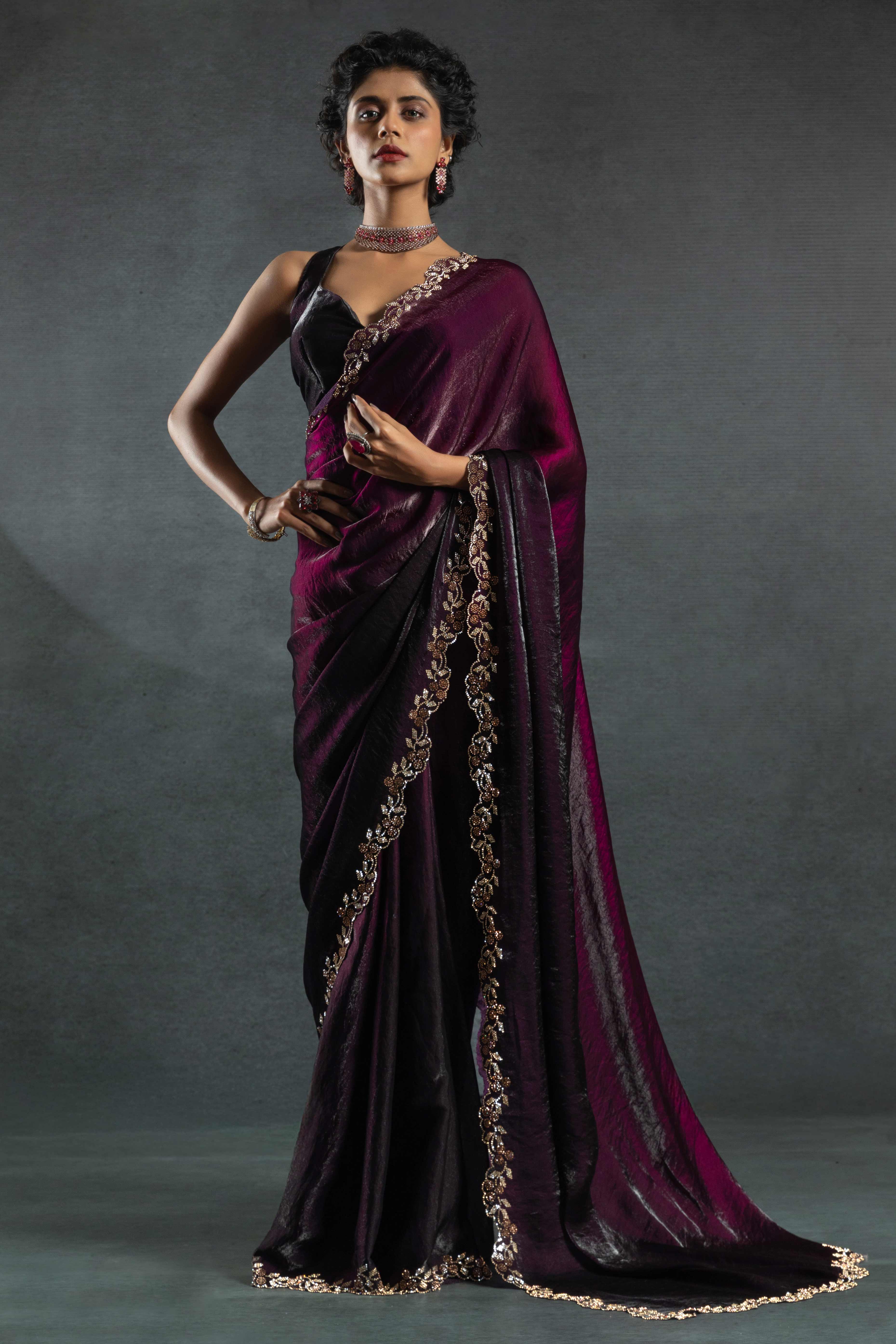 Purple Satin Silk Two Tone Saree with Intricate Zarkan Embellishments