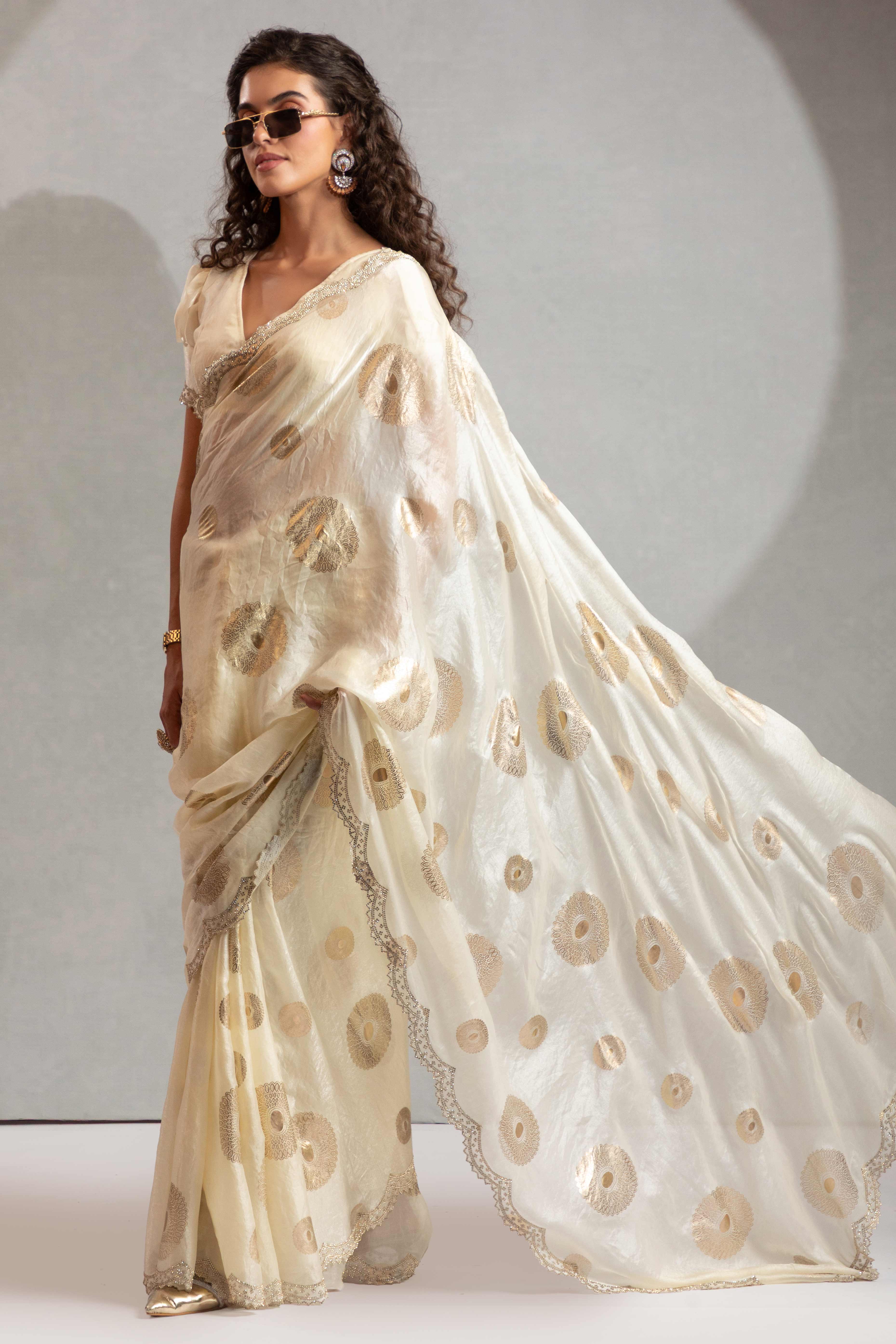 Designer Ivory White Satin Silk Embellished Saree with Alluring Stone Work